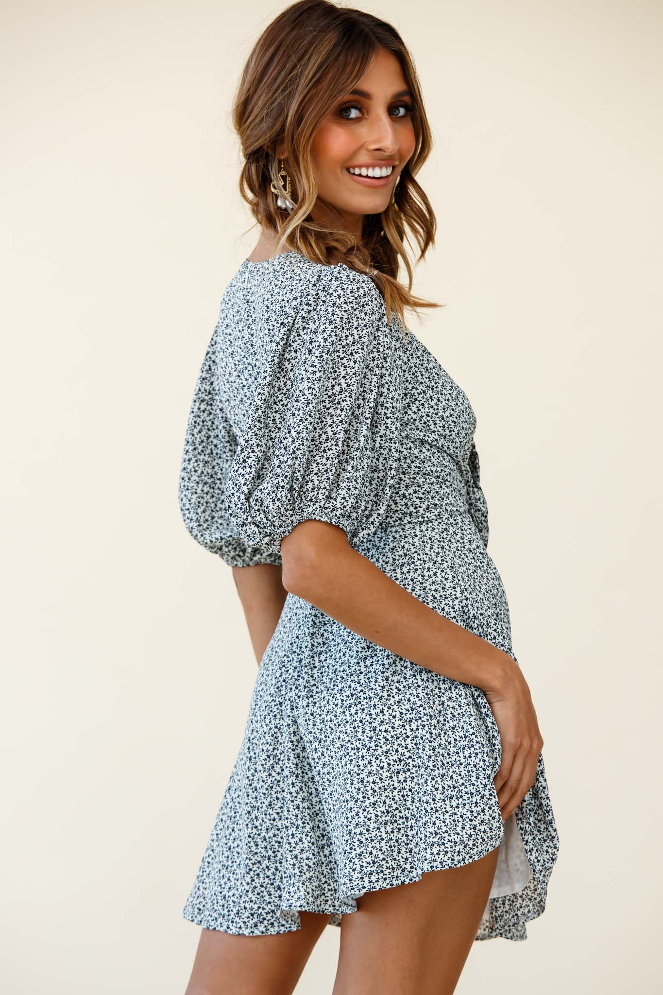 Portia Tied Bust Puff Sleeve Dress Floral Print White - Sonourner