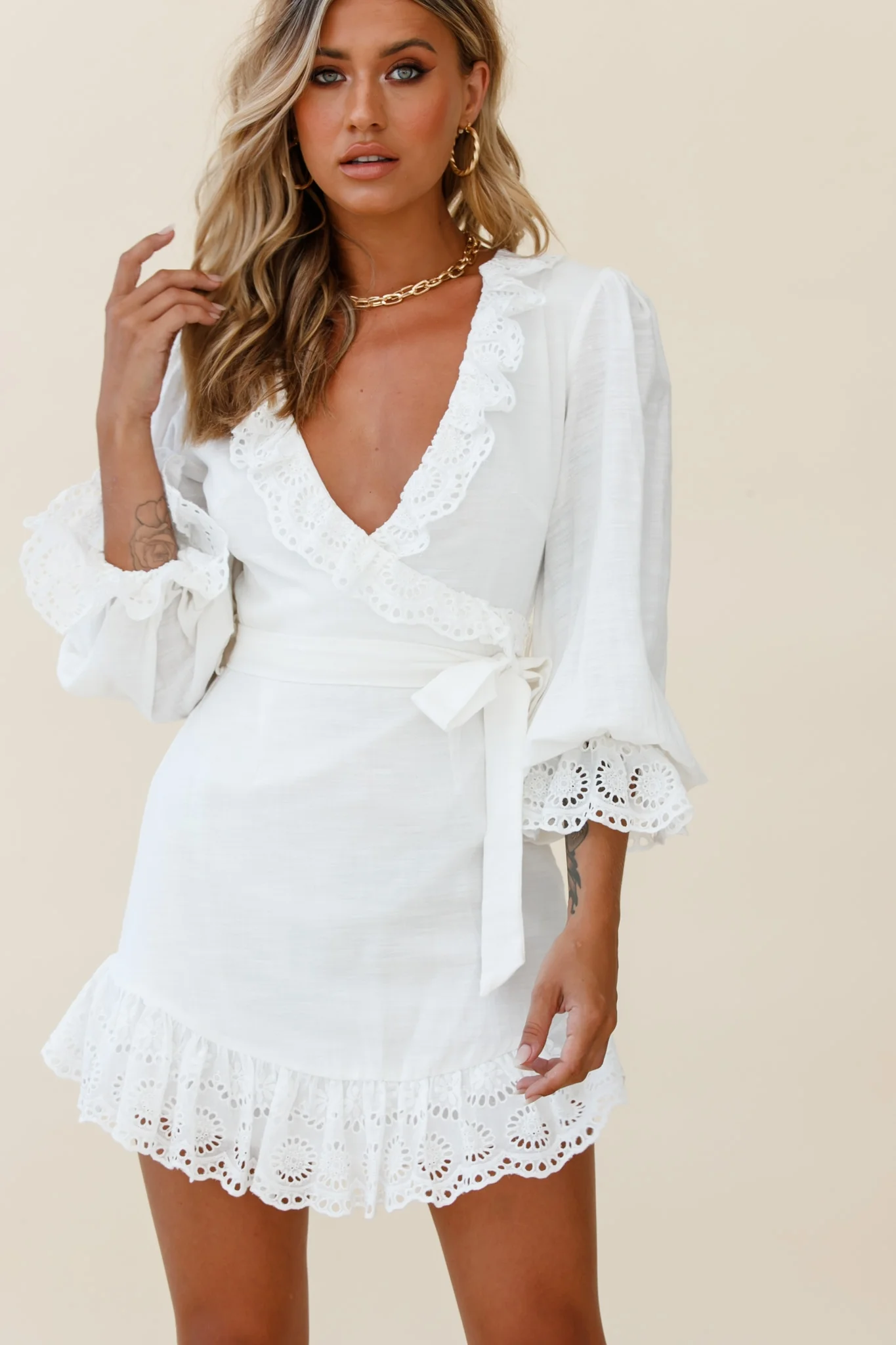 Terroni Lantern Sleeve Frill Hem Dress White - Sonourner