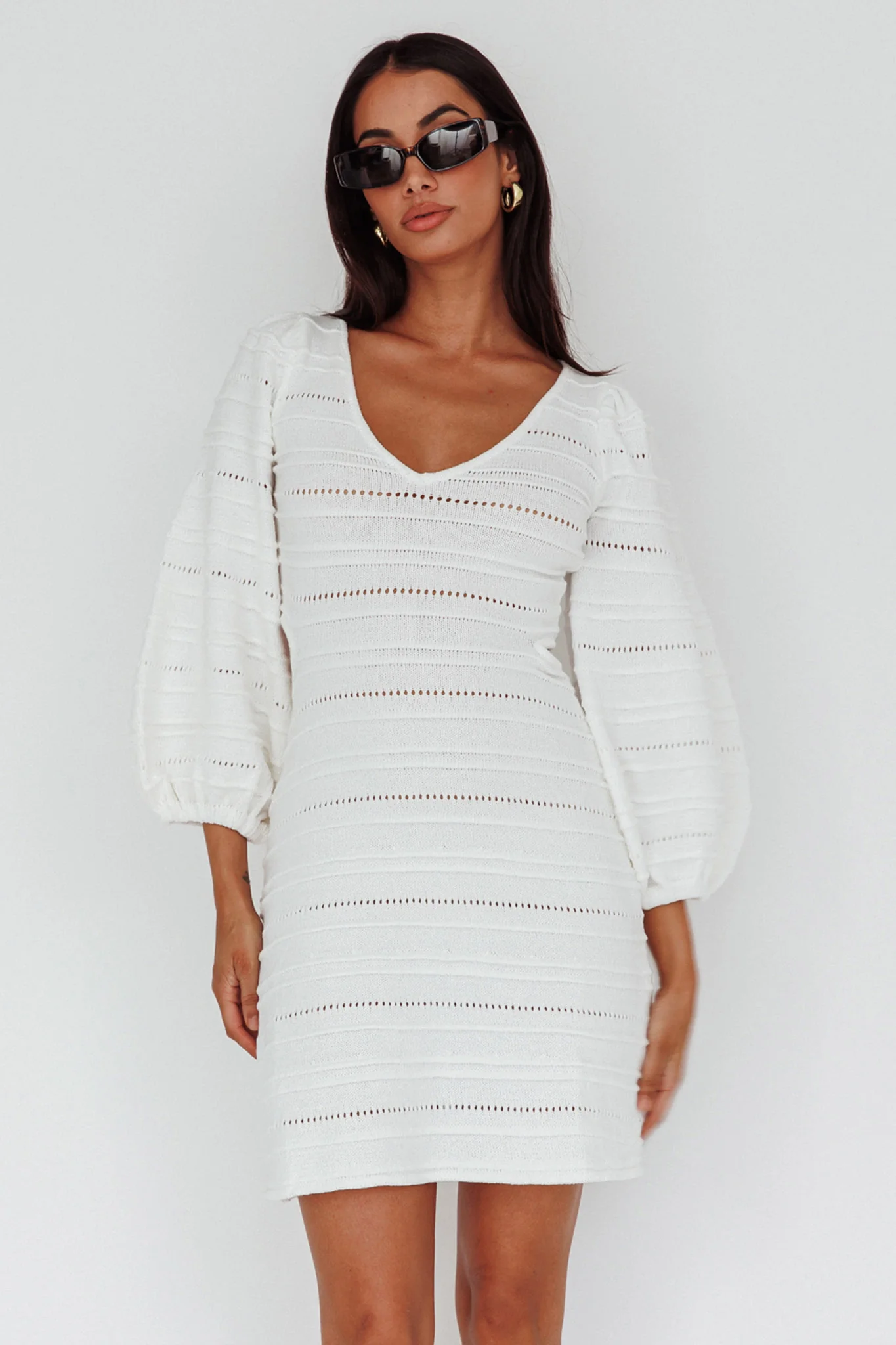 Meredith Long Sleeve Cut-Out Mini Dress White - Sonourner