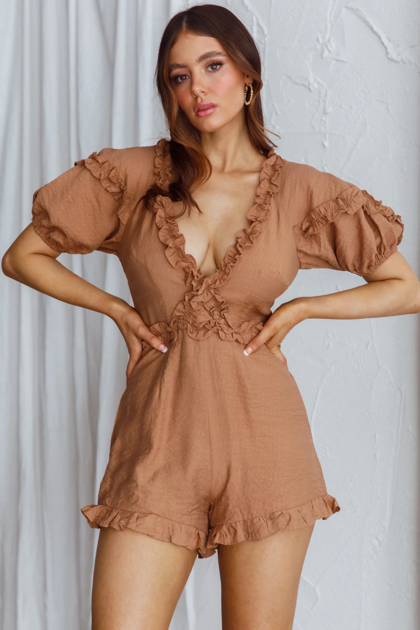 Galatia Frill Trim Puff Sleeve Romper Tan - Sonourner