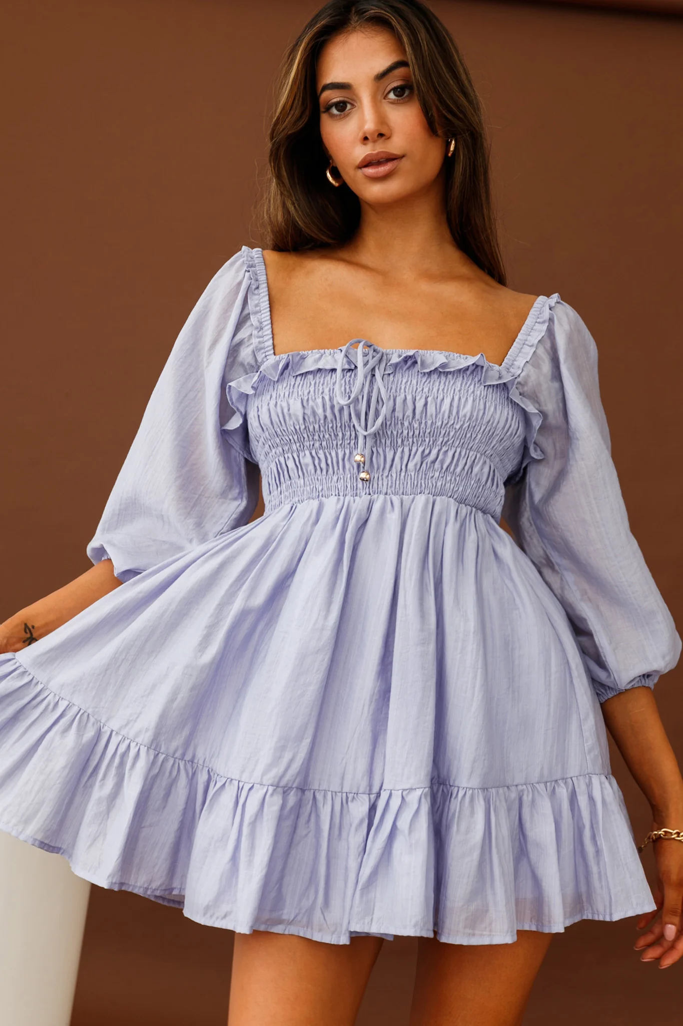 Flynn Balloon Sleeve Shirred Bust Mini Dress Lavender - Sonourner