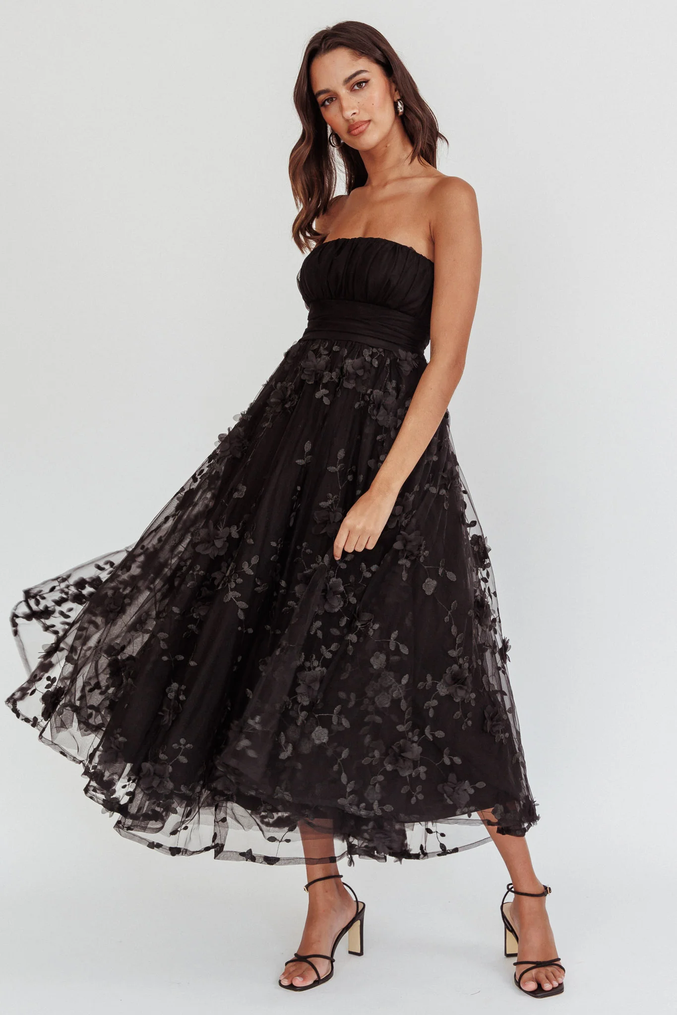 Fayette Strapless Mesh Midi Dress Embellished Black - Sonourner