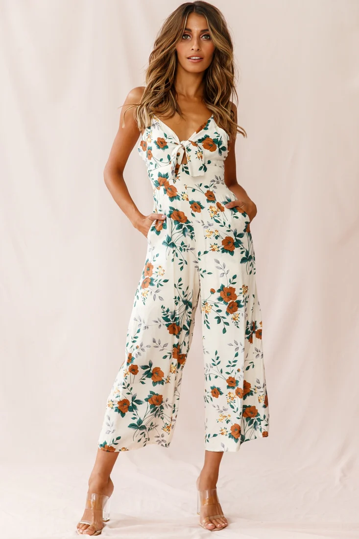 Call Me Wide-Leg Tied Bust Jumpsuit Floral Print Beige - Sonourner