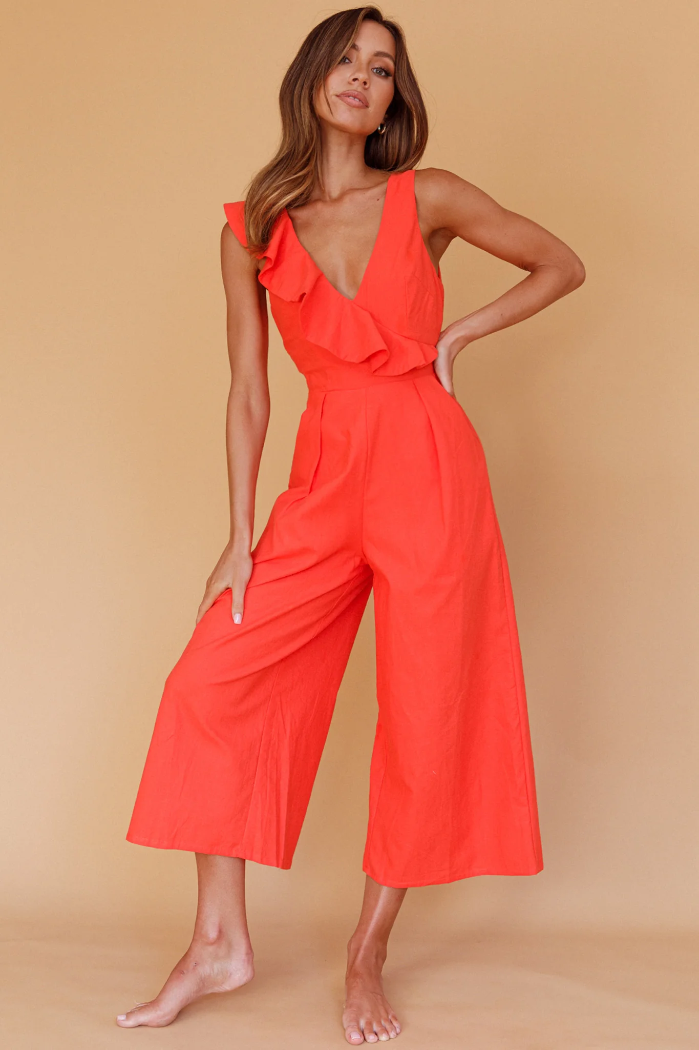 Cheryl Ruffle Strap Wide Leg Jumpsuit Tangerine - Sonourner