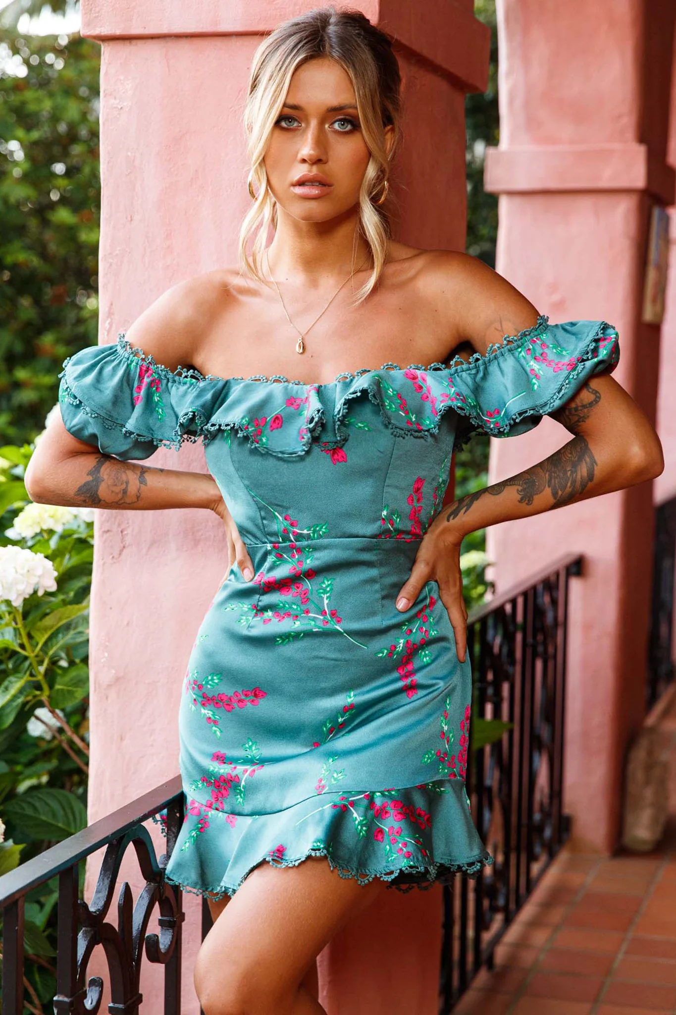 Bobby Bardot Neckline Puff Sleeve Dress Flower Spring Print Sage - Sonourner