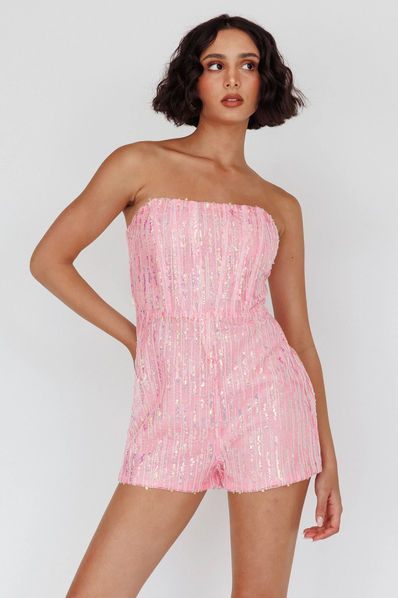 Wild Dreams Strapless Sequin Romper Pink - Sonourner