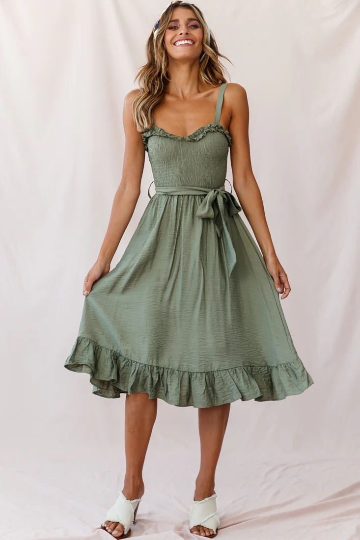 Honey Shirred Frill Midi Dress Olive - Sonourner