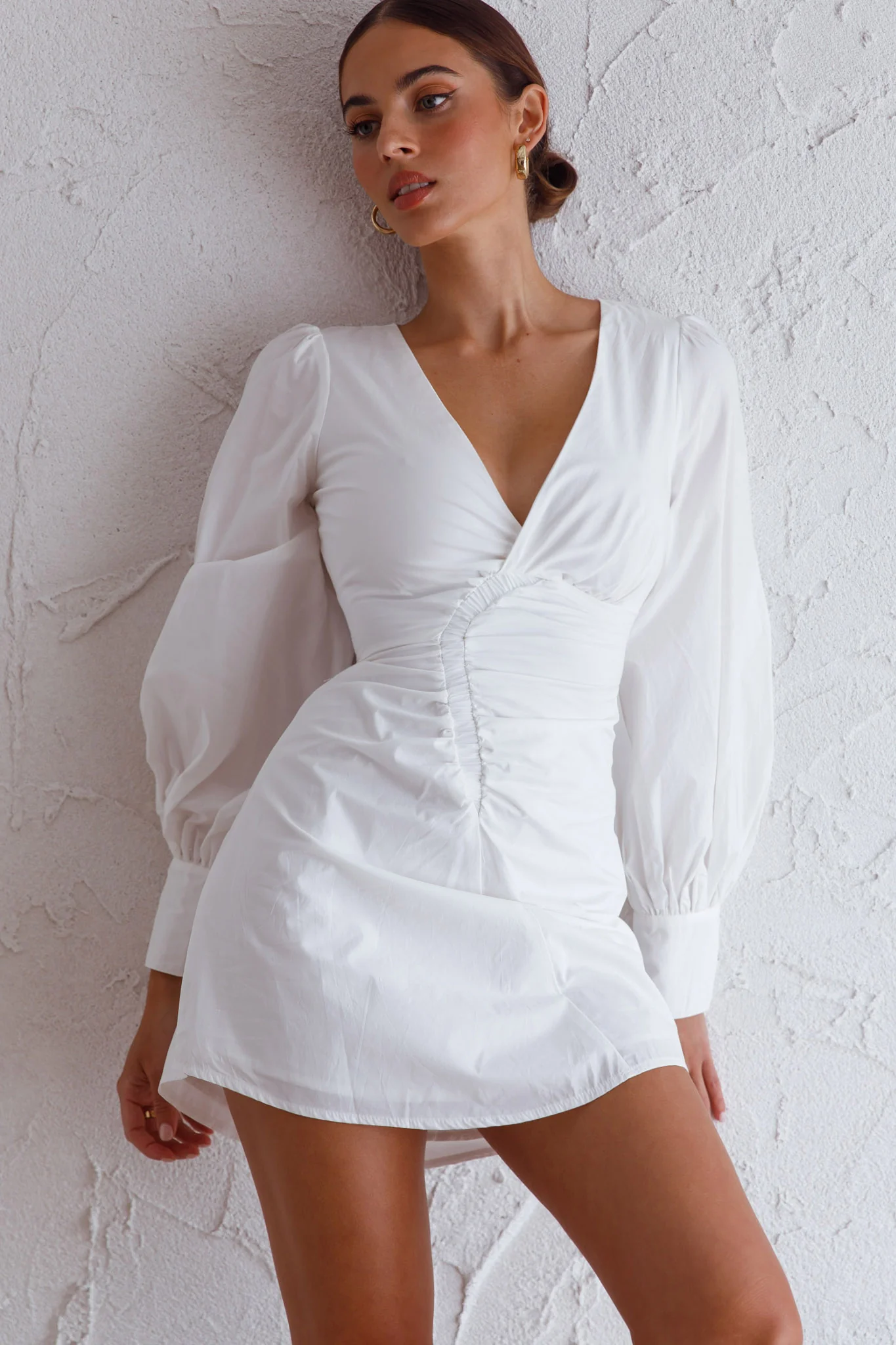 Josie Long Sleeved Ruched Feature Mini Dress White - Sonourner