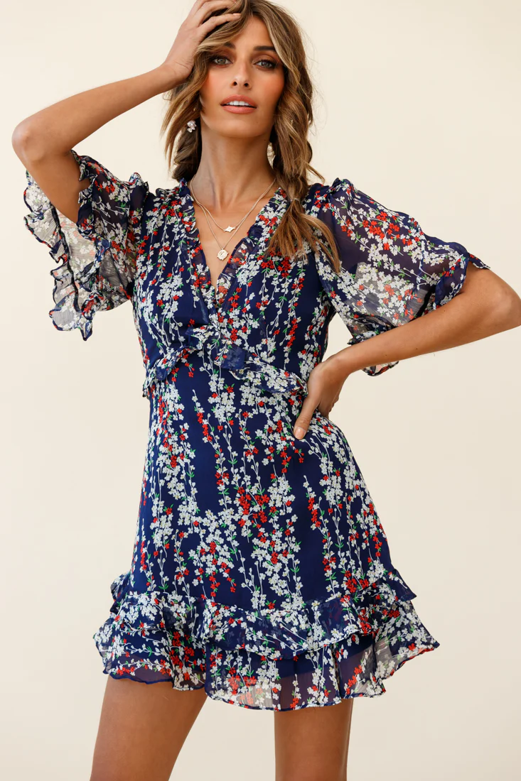 Sincerely V-Neck Double Frill Hem Tea Dress Floral Print Navy - Sonourner