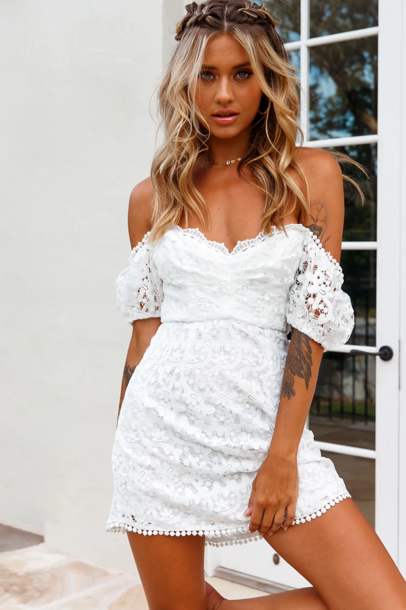 Costa Mesa Puff Sleeve Lace Overlay Dress White - Sonourner