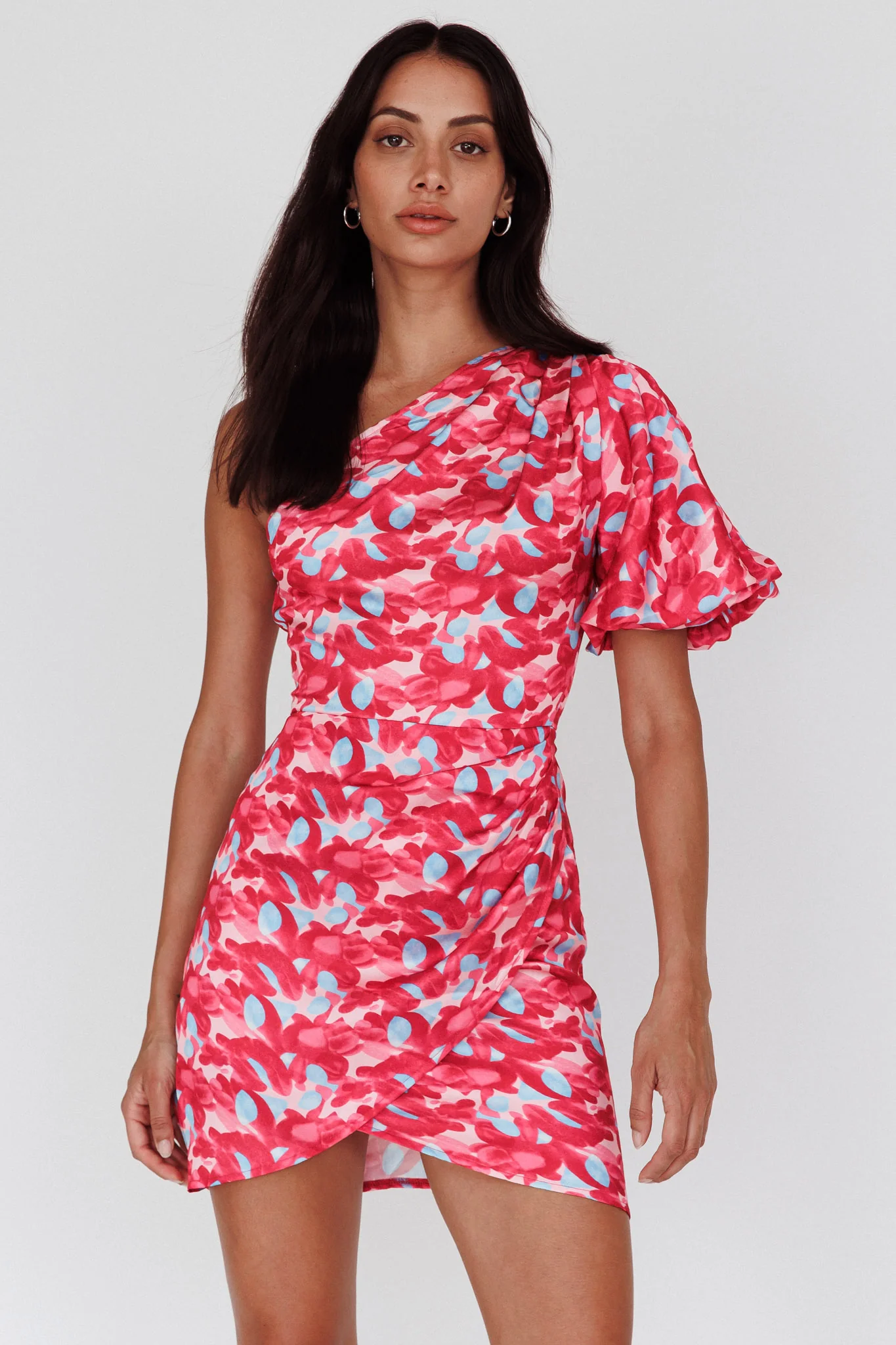 Krishna One-Shoulder Puff Sleeve Mini Dress Pink - Sonourner