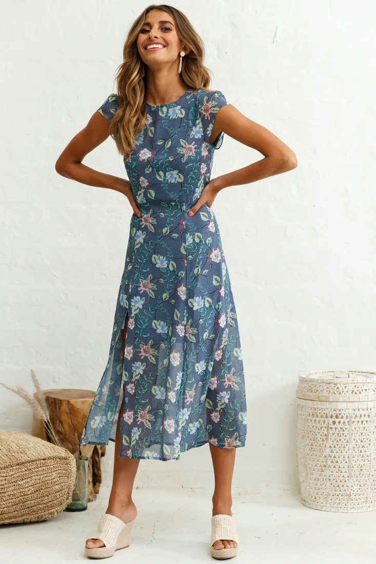 Becky Cap Sleeve Crew Neck Midi Dress Floral Print Ink - Sonourner