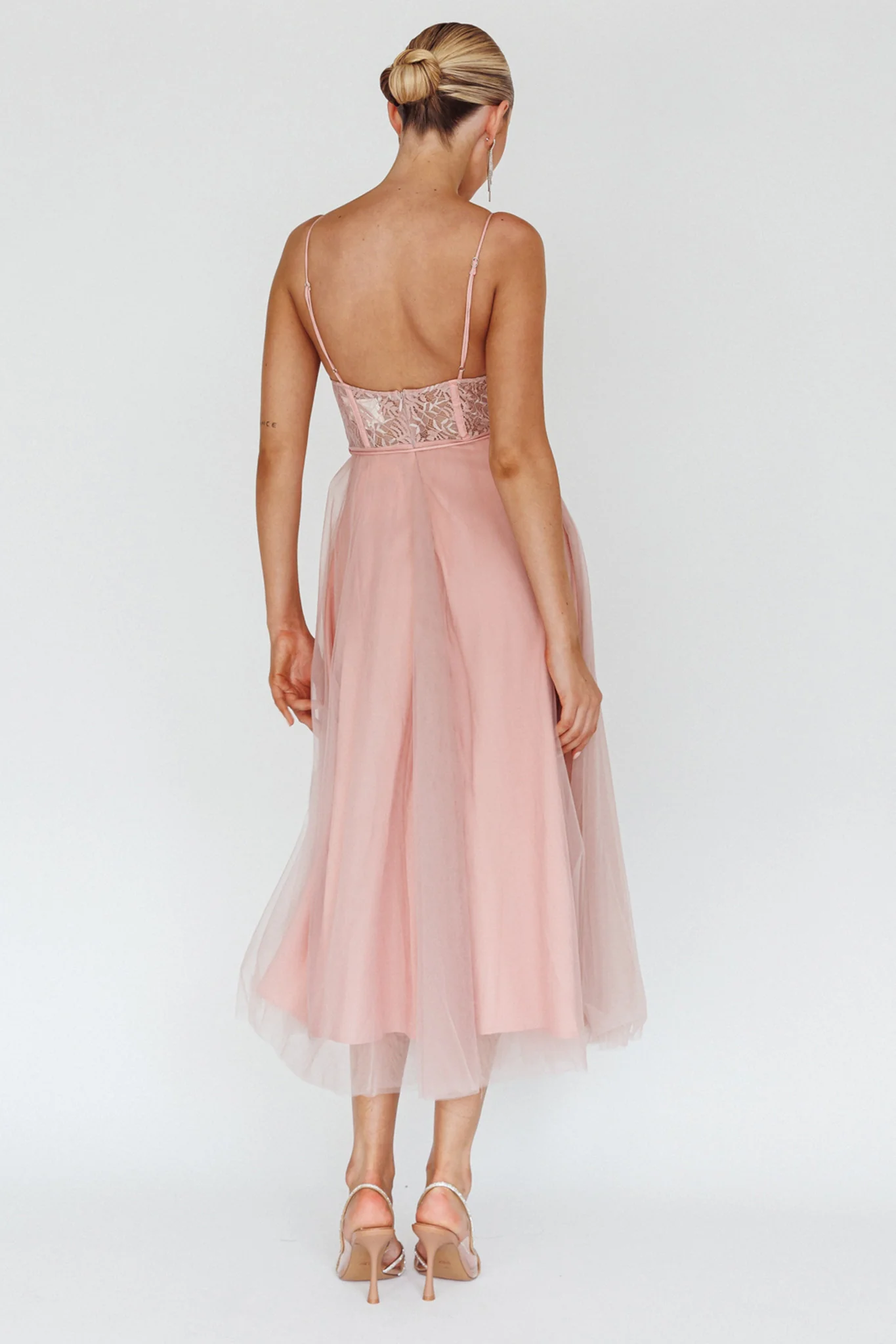 Trophy Lace Bodice Mesh Midi Dress Blush - Sonourner