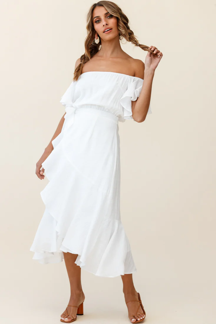 Bettina Bardot Neckline Faux-Wrap Midi Dress White - Sonourner