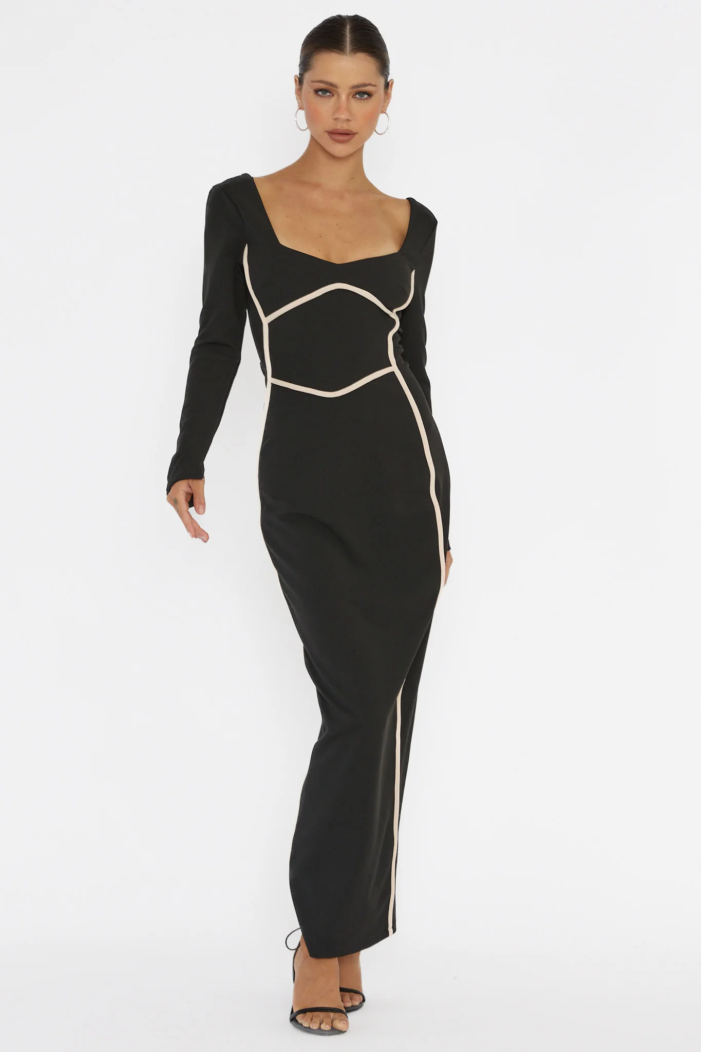 Shenae Long Sleeve Piping Midi Dress Black - Sonourner