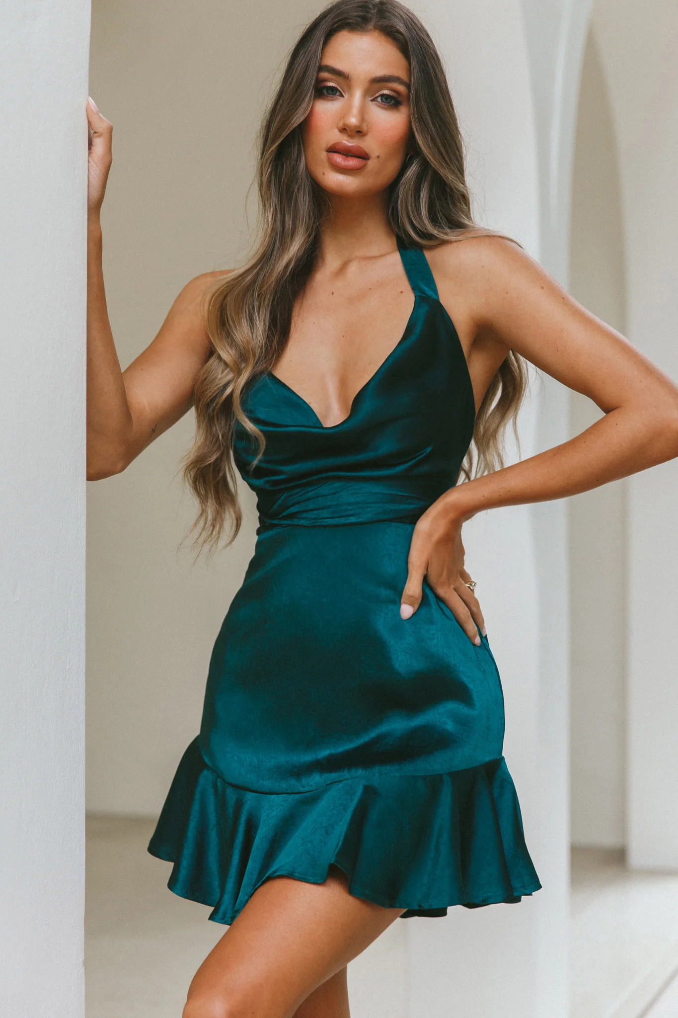 Champs Elysees Halterneck Ruffle Hem Mini Dress Forest Green - Sonourner