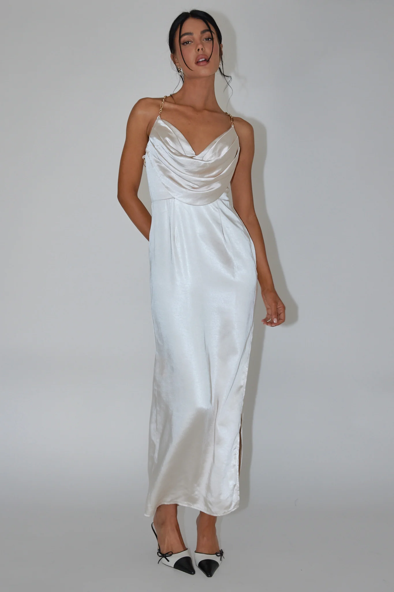 Emanuella Chain Strap Satin Midi Dress Champagne - Sonourner