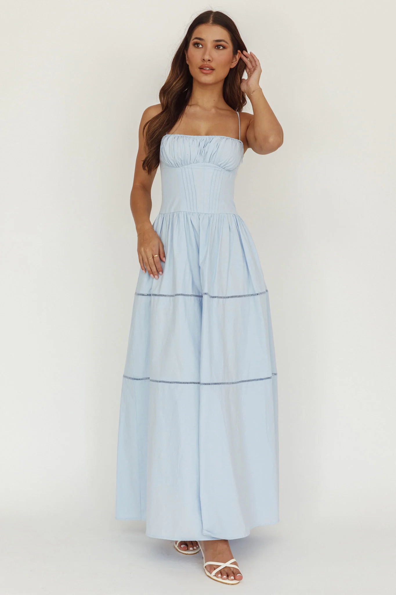 Heavenly Glow Gathered Bust A-Line Maxi Dress Blue - Sonourner