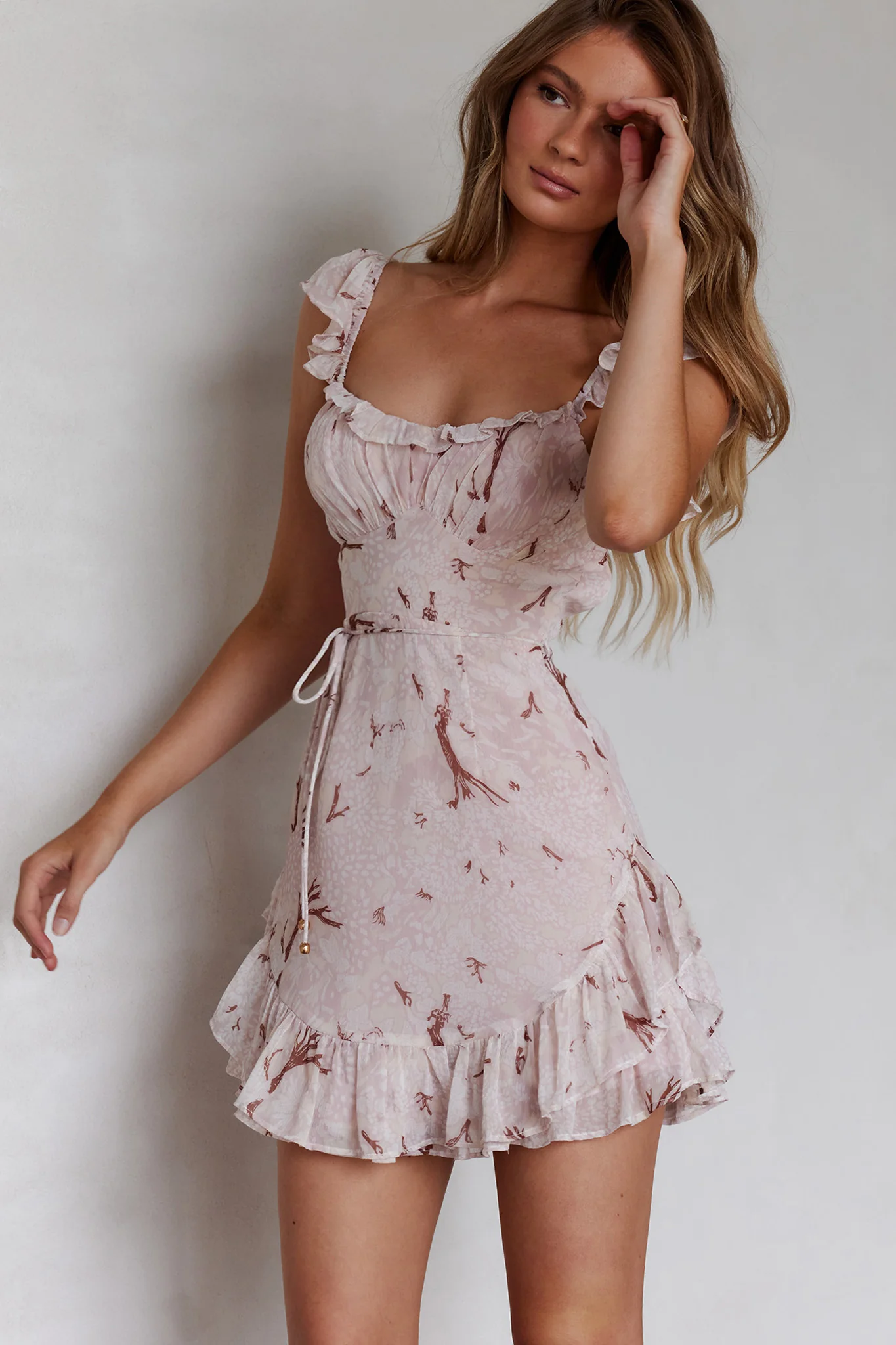 Liz Gathered Bust Frill Trim Dress Floral Pink - Sonourner