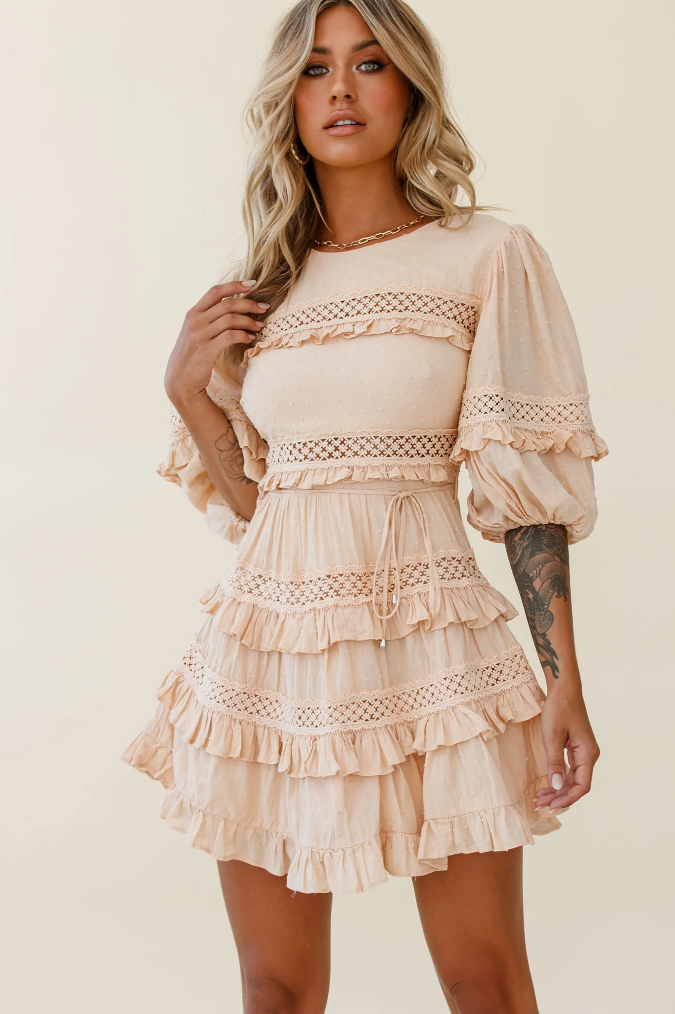 Dream About It Puff Sleeve Frill Dress Nude - Sonourner