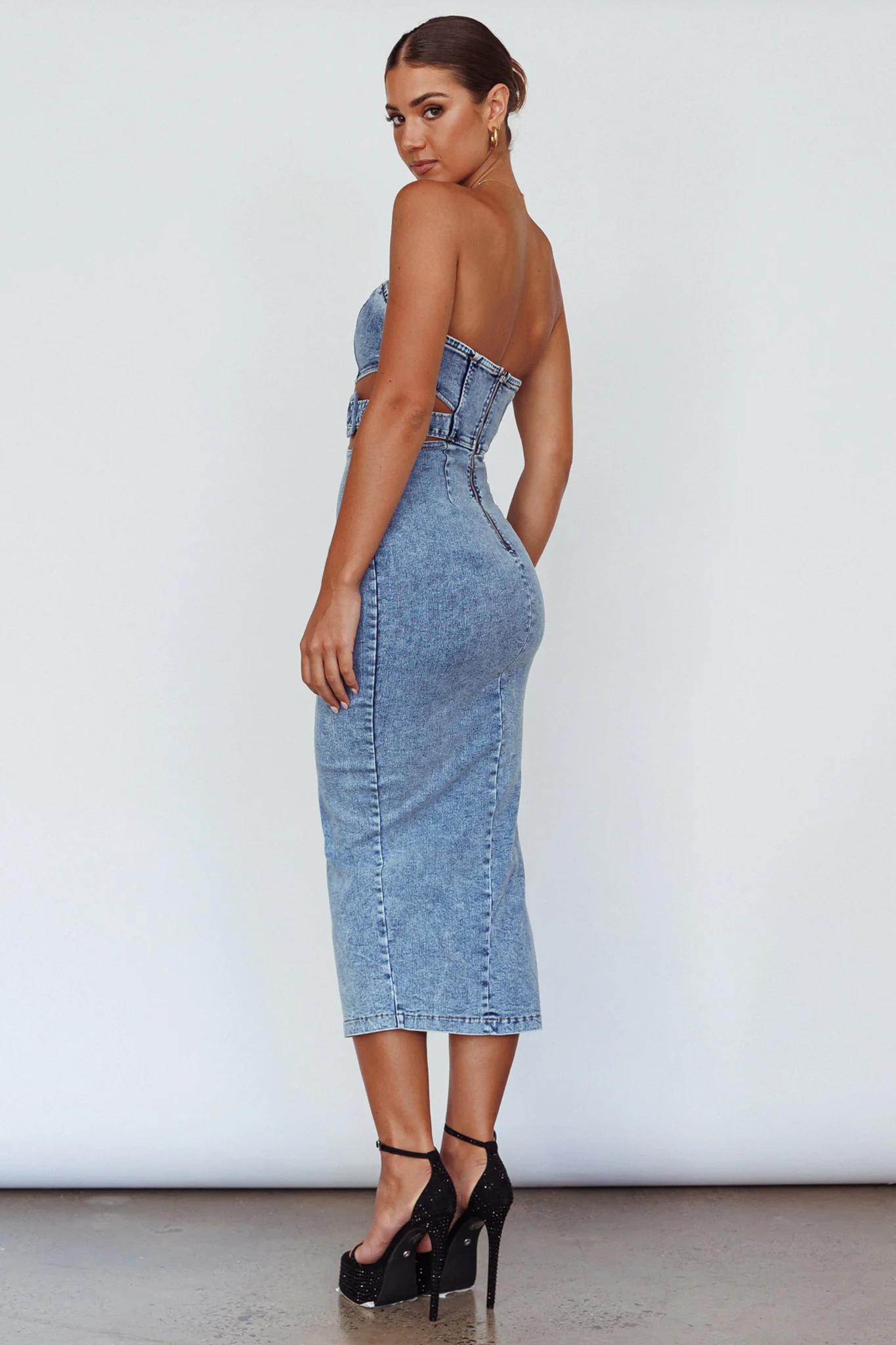 Glisten Cut-Out Buckle Waist Midi Dress Denim Blue - Sonourner