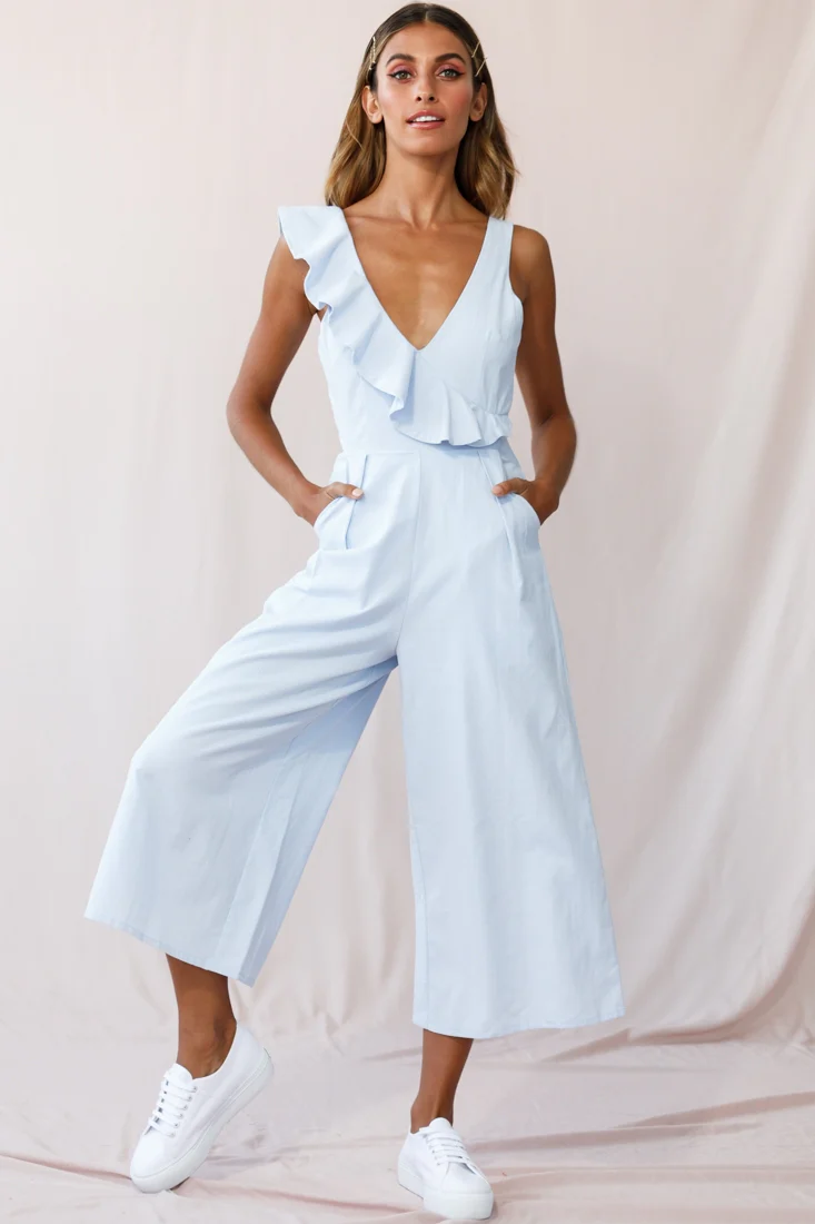 Cheryl Ruffle Strap Wide Leg Jumpsuit Steel Blue - Sonourner