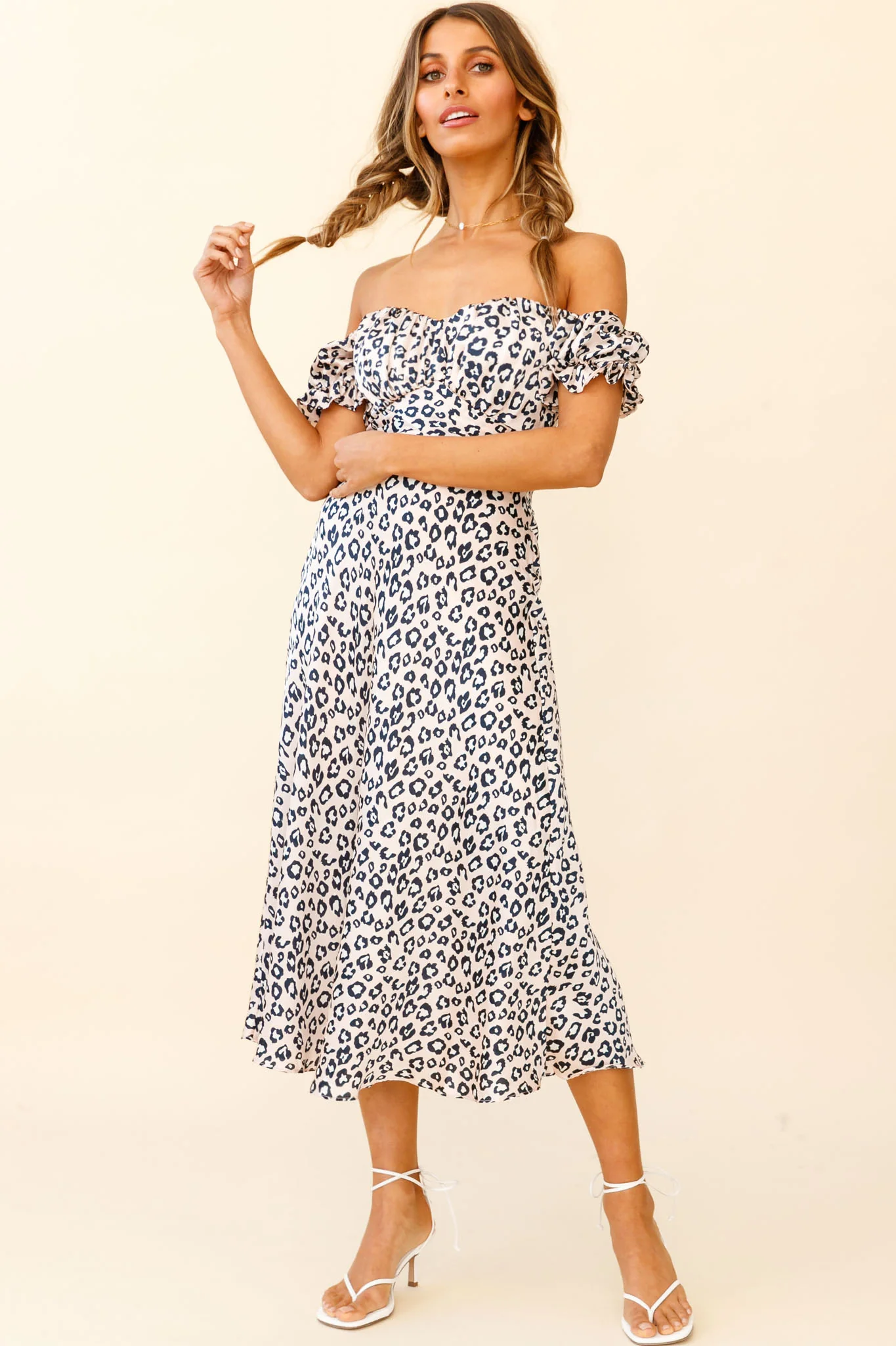 Linka Off-Shoulder Tie Back Midi Dress Leopard Print Pink - Sonourner