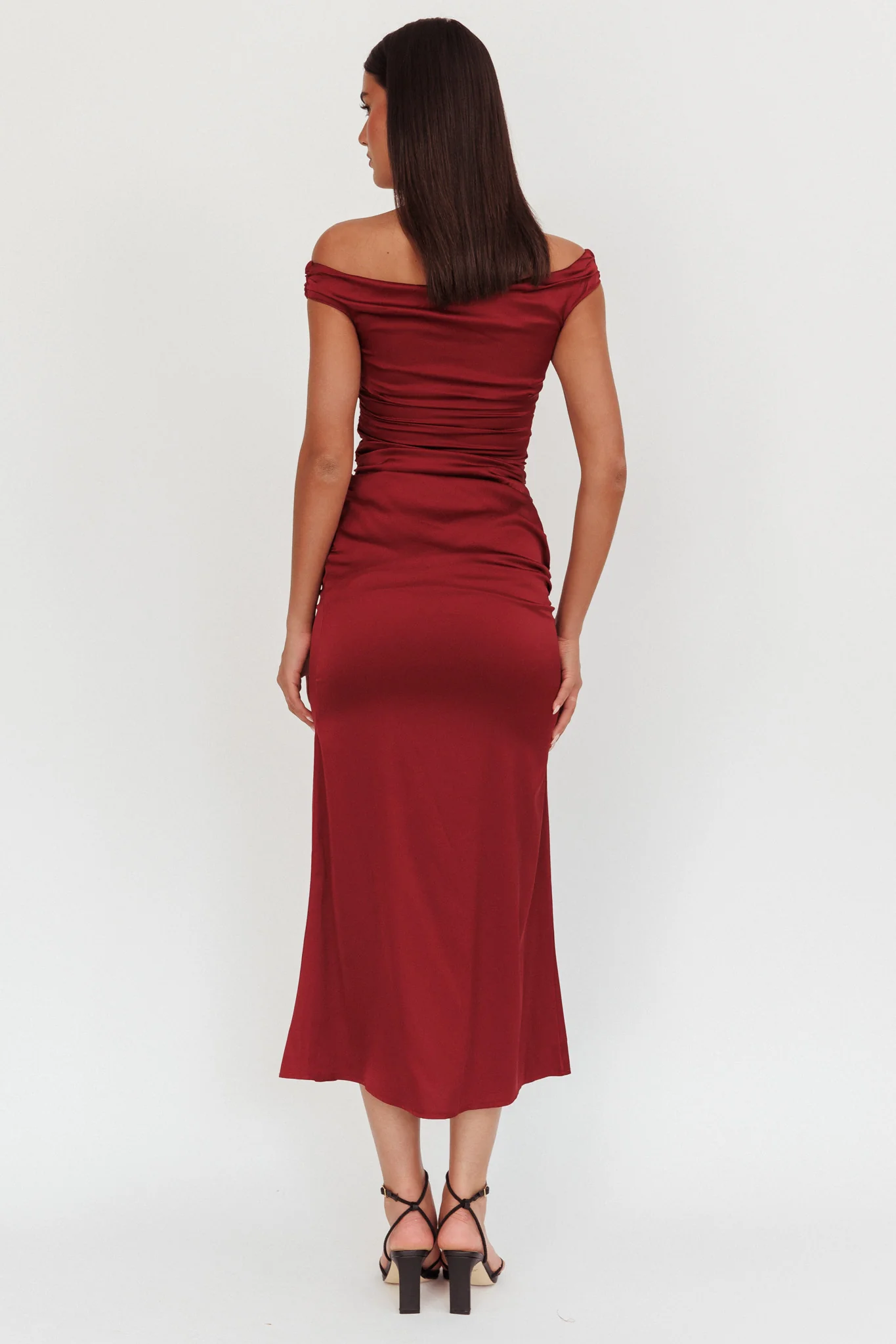 In Blooms Off Shoulder Satin Maxi Dress Wine - Sonourner