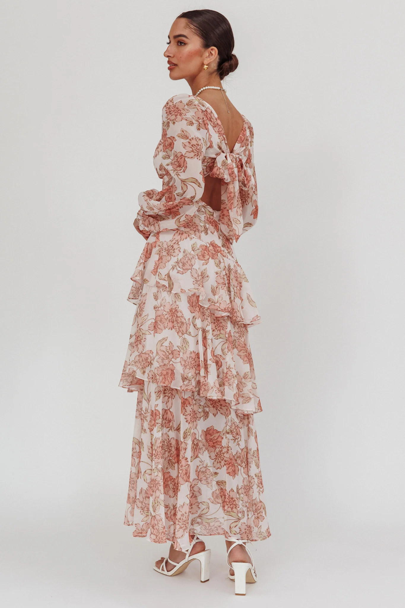 Veda Long Sleeve Floral Tiered Ruffle Maxi Dress Peach - Sonourner