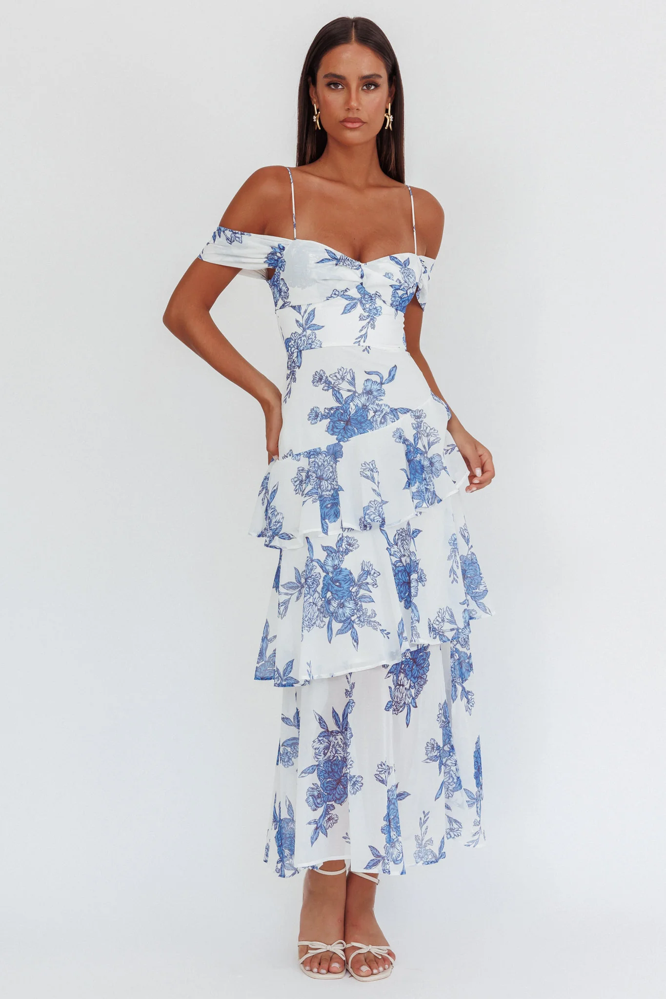 Veda Off-Shoulder Maxi Dress Floral Blue - Sonourner