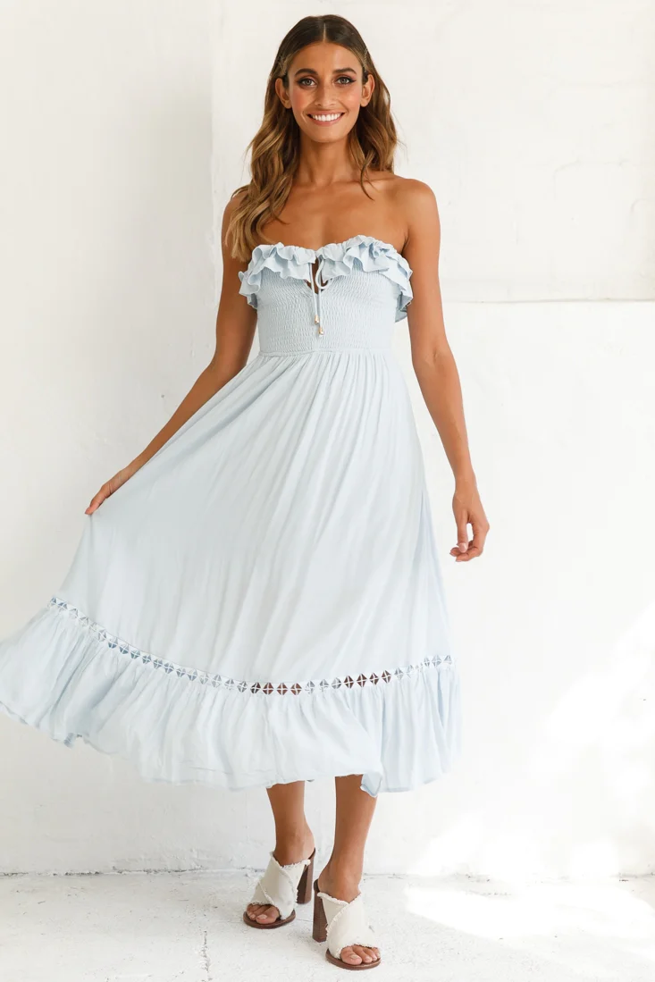 Daydream Shirred Bust Frill Trim Maxi Dress Ice Blue - Sonourner