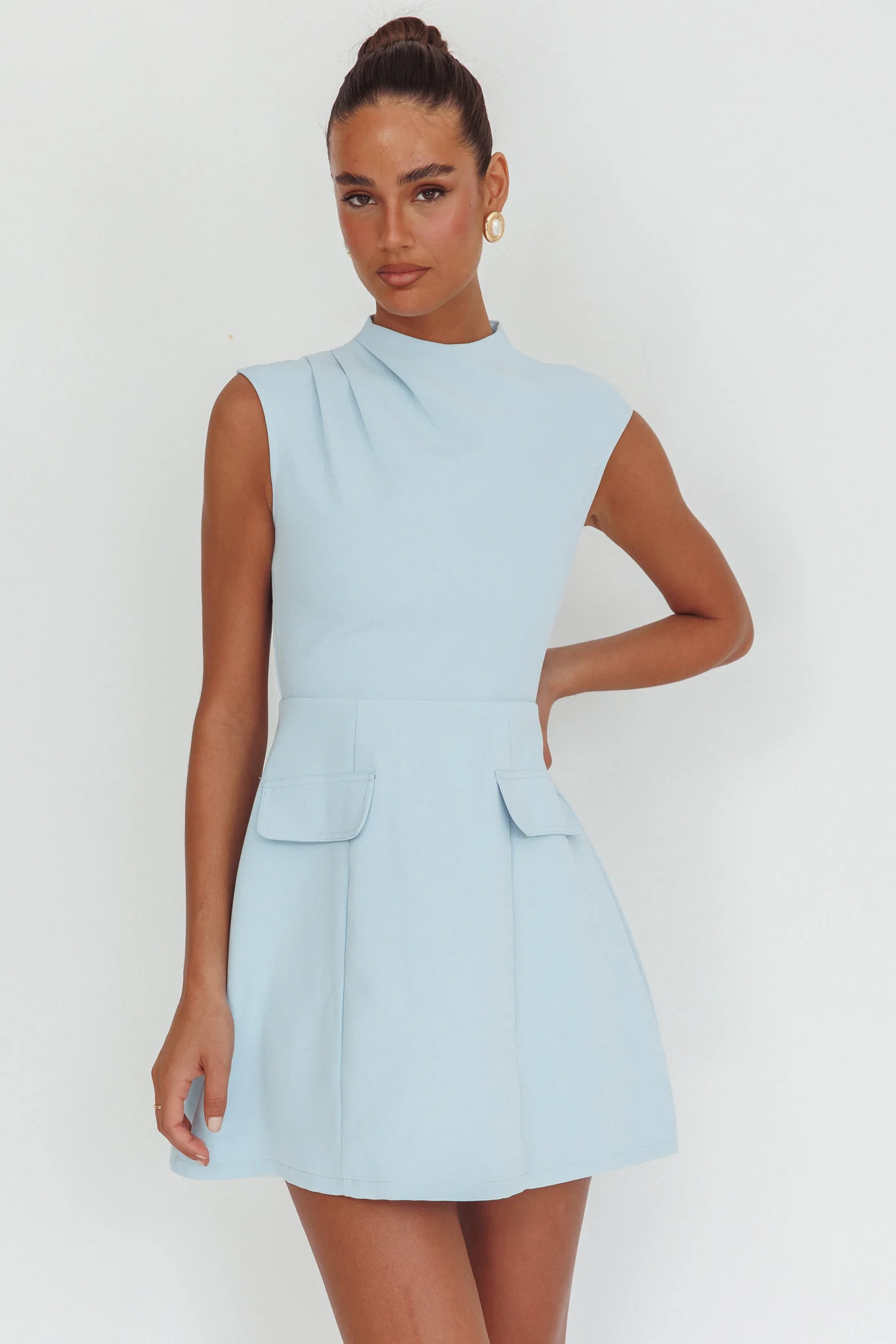 Thandi Pleat Shoulder Faux Pocket Mini Dress Steel Blue - Sonourner