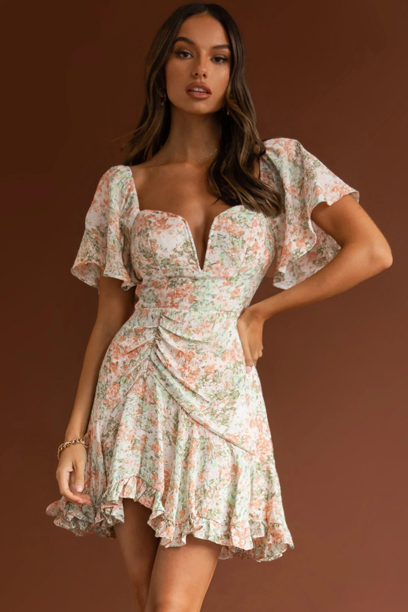 Leona V-Bust Frill Mini Dress Floral Peach - Sonourner