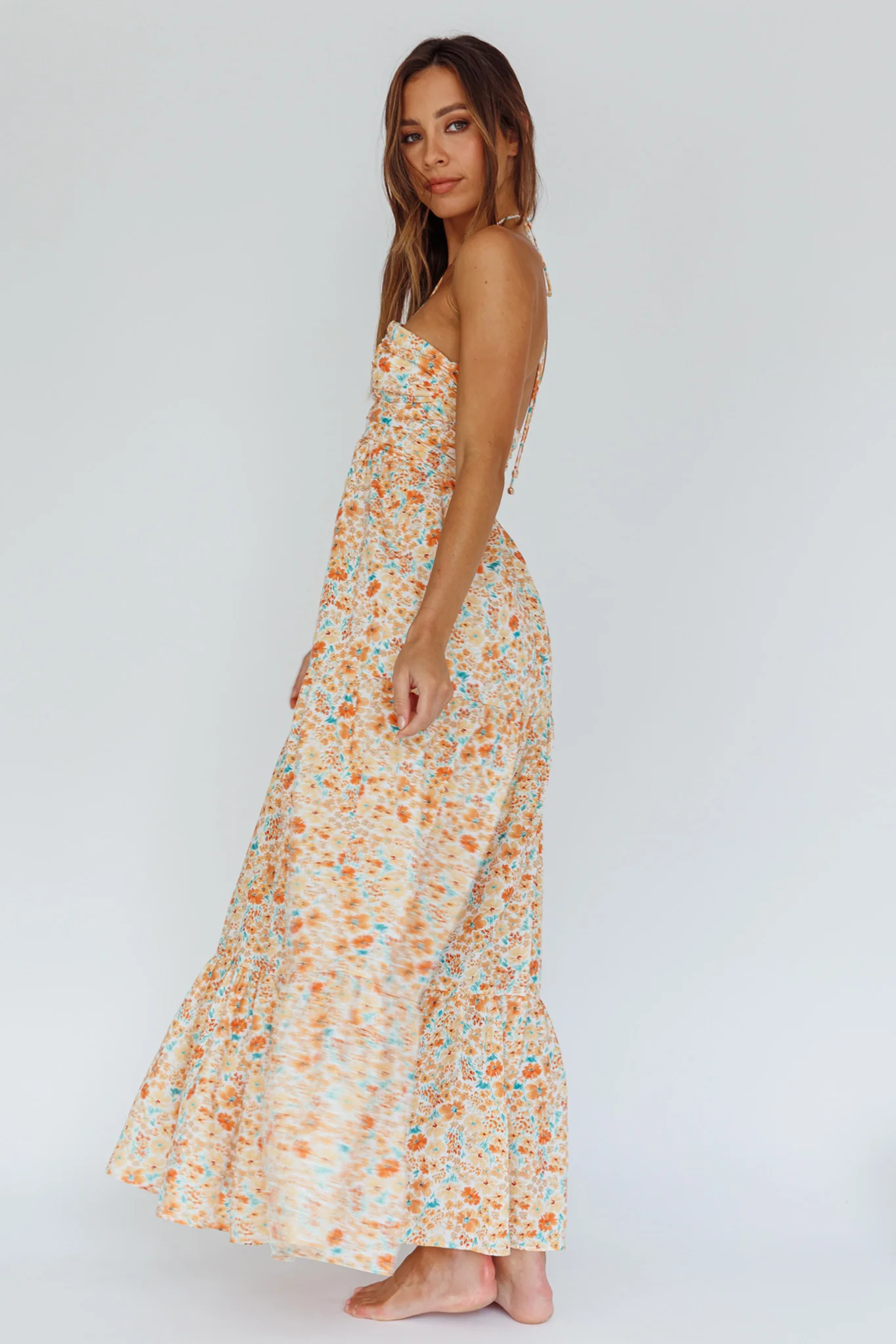 Asiah Halterneck Maxi Dress Flowers Orange - Sonourner