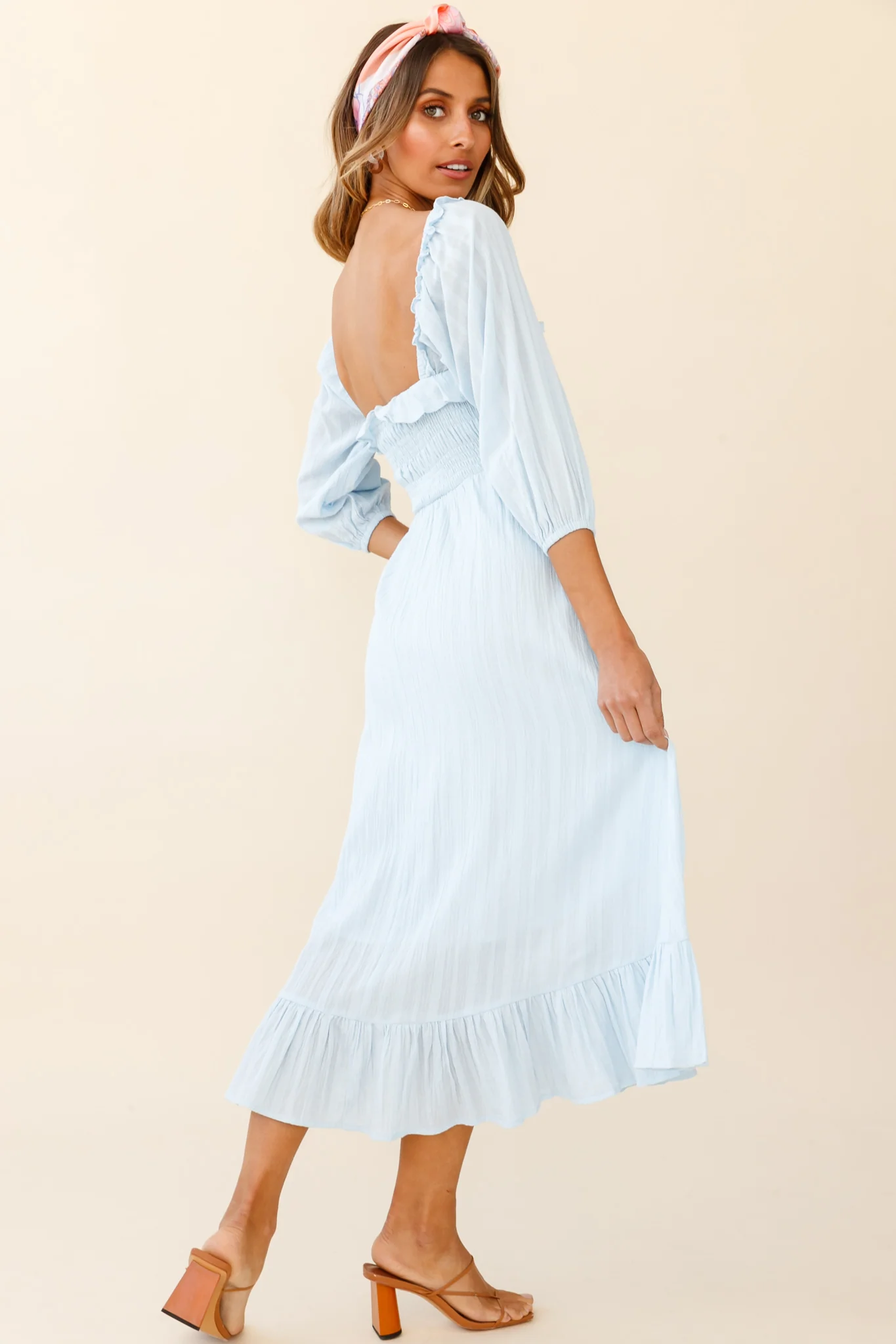 Flynn Off-Shoulder Shirred Bust Midi Dress Ice Blue - Sonourner