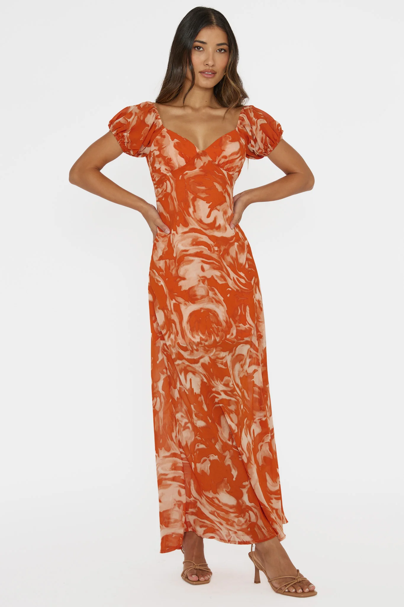 Park Avenue Puff Sleeve Midi Dress Print Orange - Sonourner