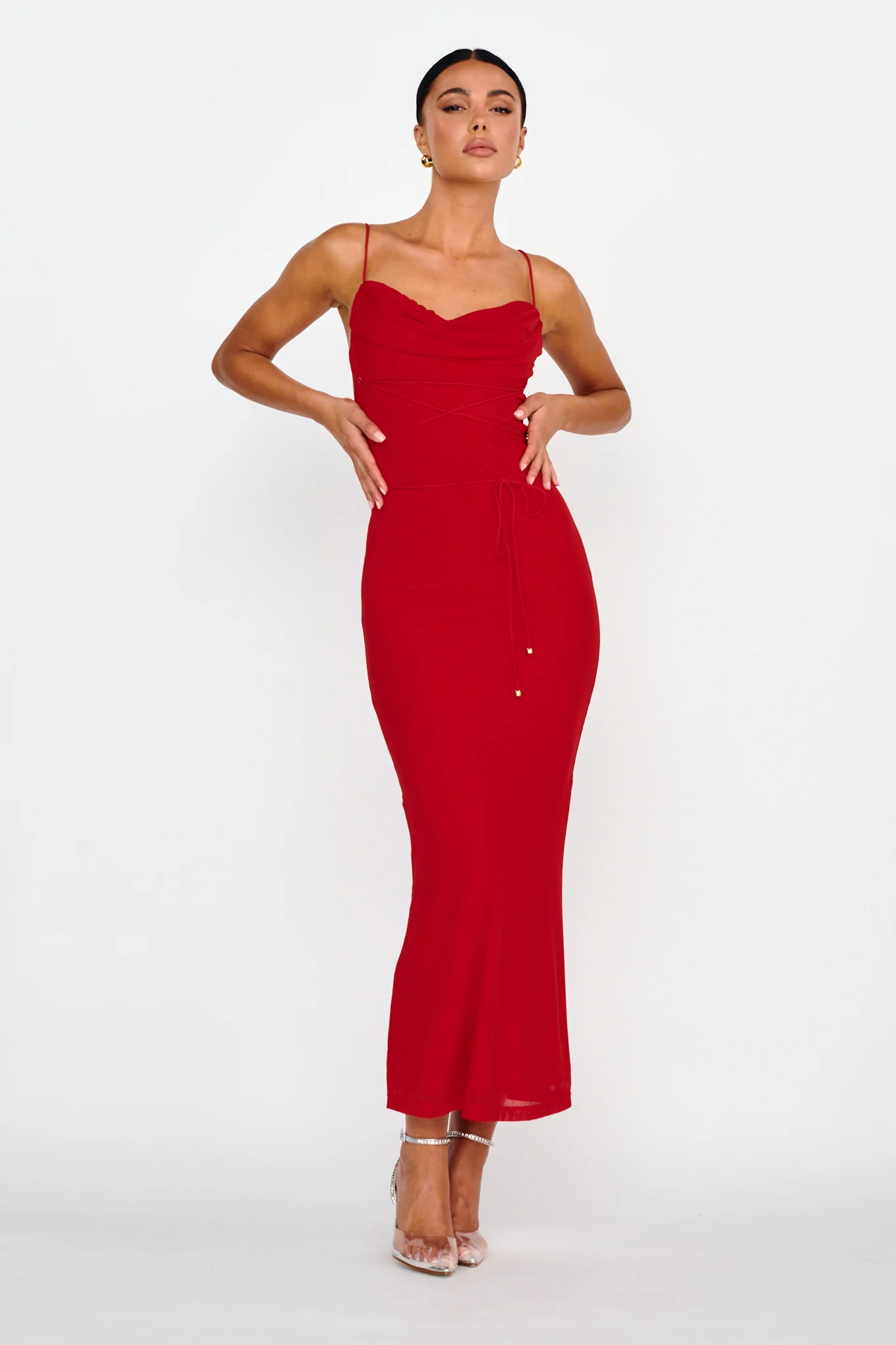 Teava Laced Waist Maxi Dress Red - Sonourner