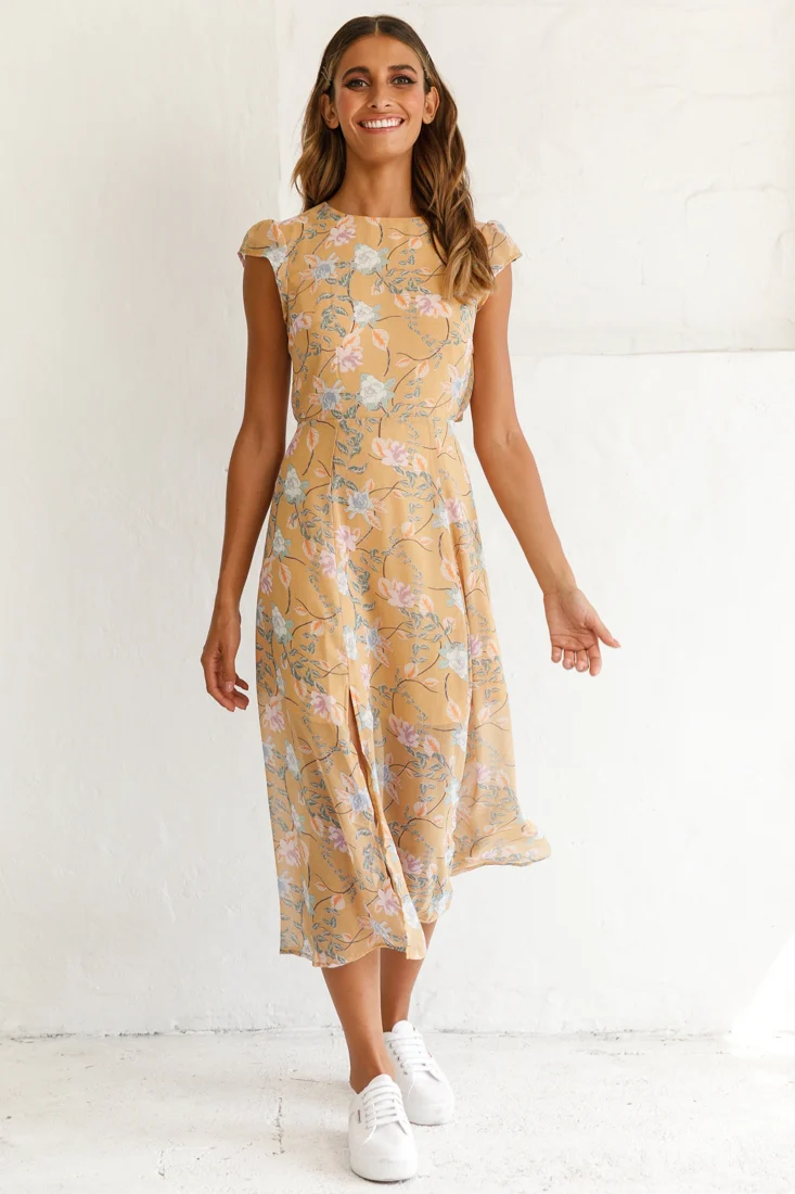 Becky Cap Sleeve Crew Neck Midi Dress Floral Print Mustard - Sonourner