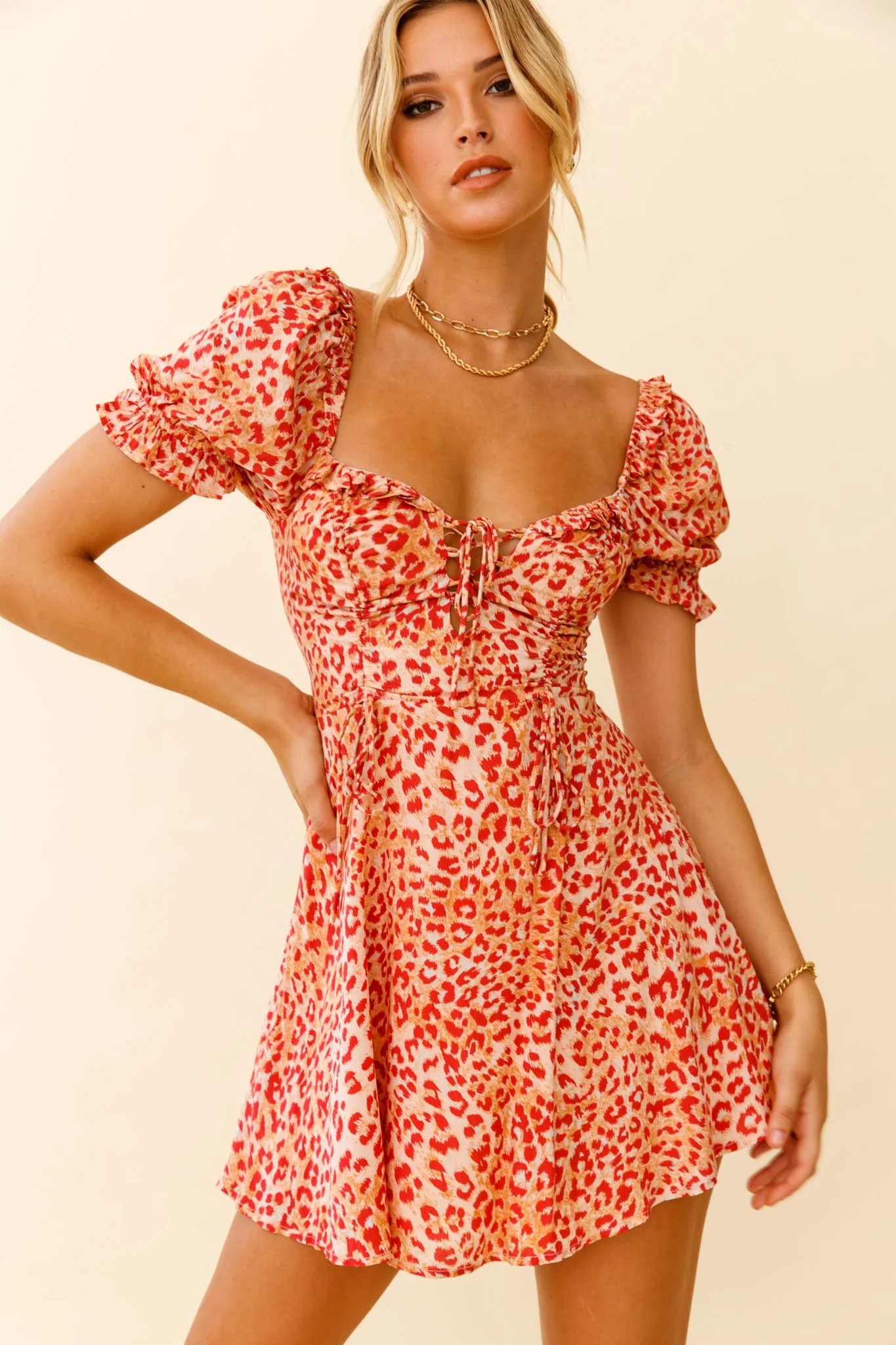 La Quinta Lace-Up Bust Drawstring Detail A-Line Dress Leopard Print Orange - Sonourner