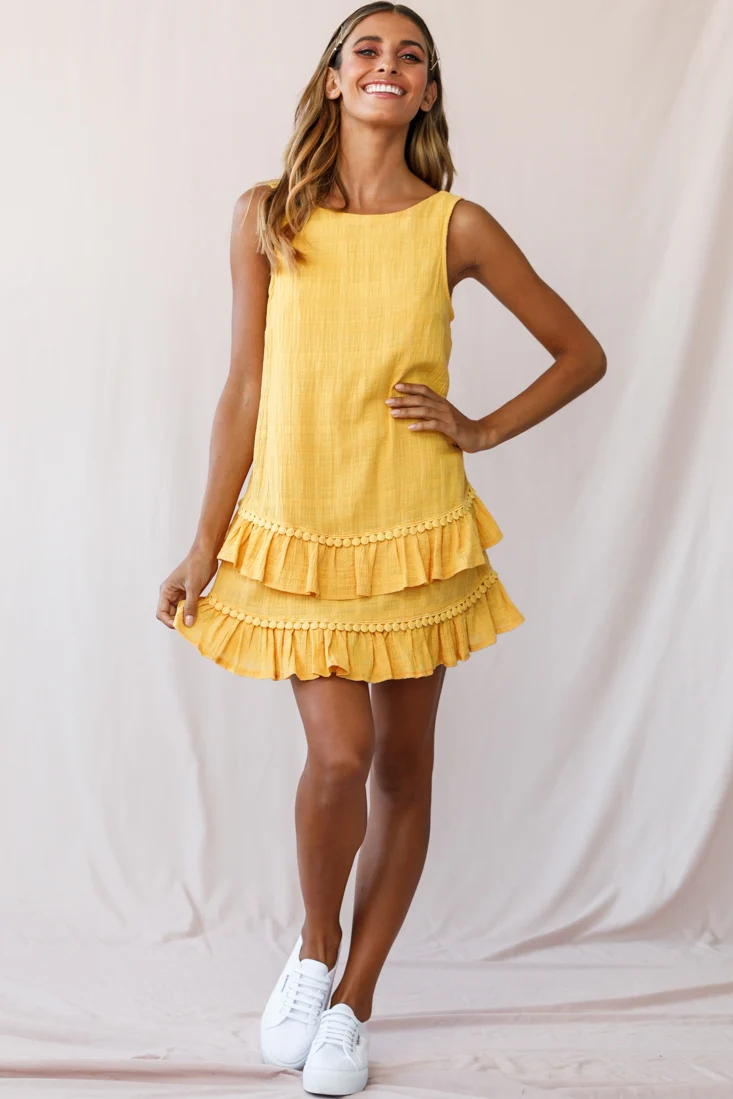 Candice Tiered Frill Hem Scooped Back Dress Yellow - Sonourner