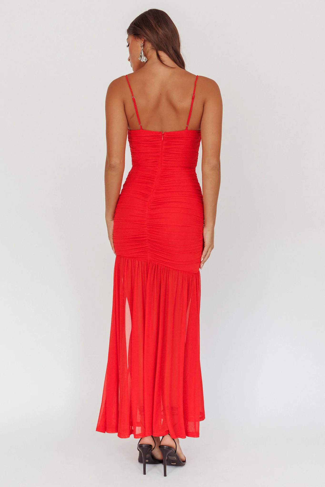 Stole The Show Ruched Mesh Maxi Dress Red - Sonourner