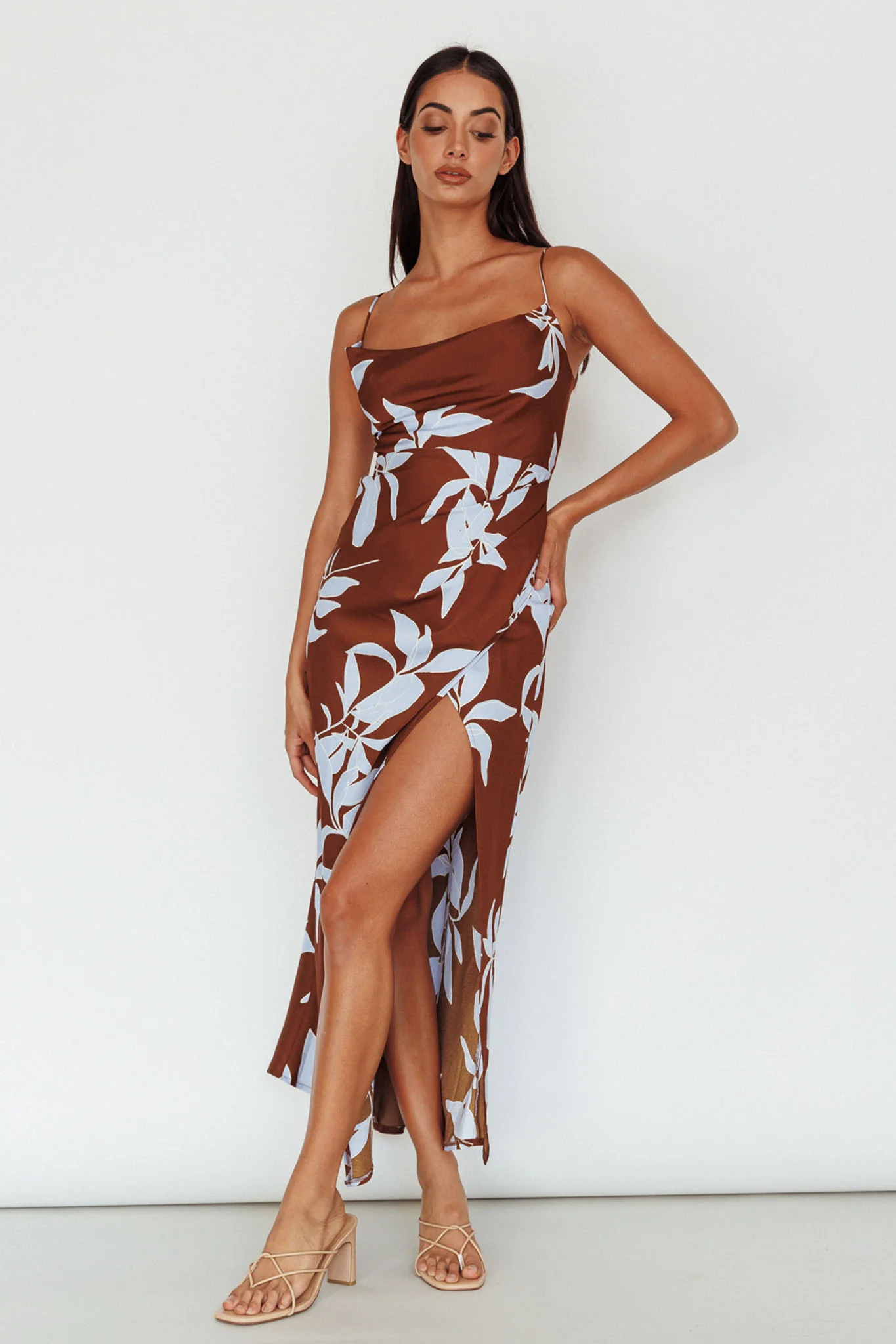 Morea Cowl Neck Maxi Dress Floral Brown - Sonourner