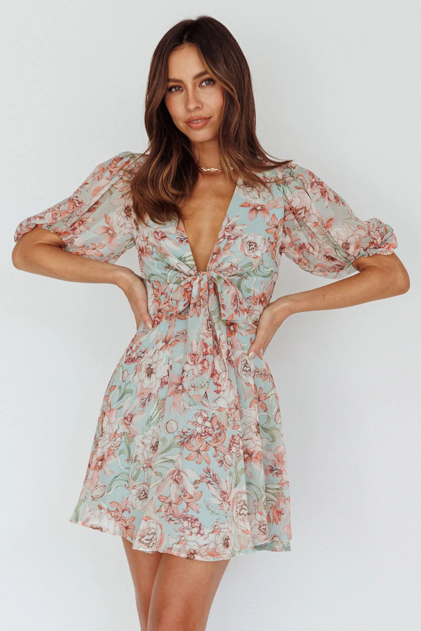 Madison Bow Tie Bust Puff Sleeve Dress Floral Mint - Sonourner