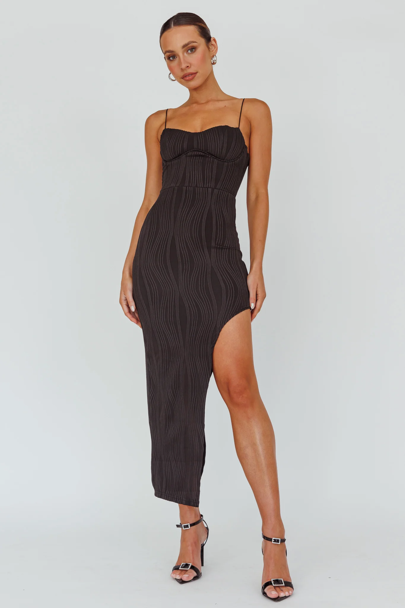 Silver Screen Queen Thigh Split Maxi Dress Stripe Black - Sonourner