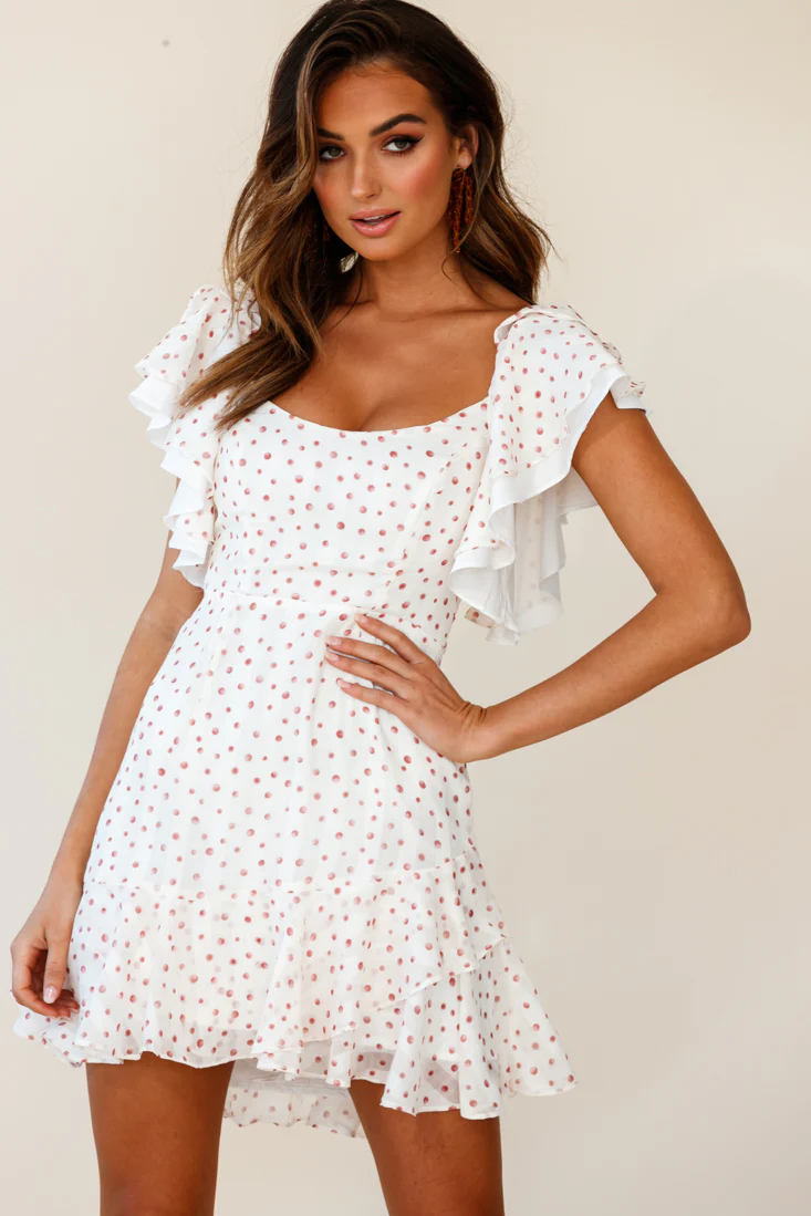 All Or Nothing Flounce Sleeve Lace-Up Back Dress Spot Print White/Rose - Sonourner