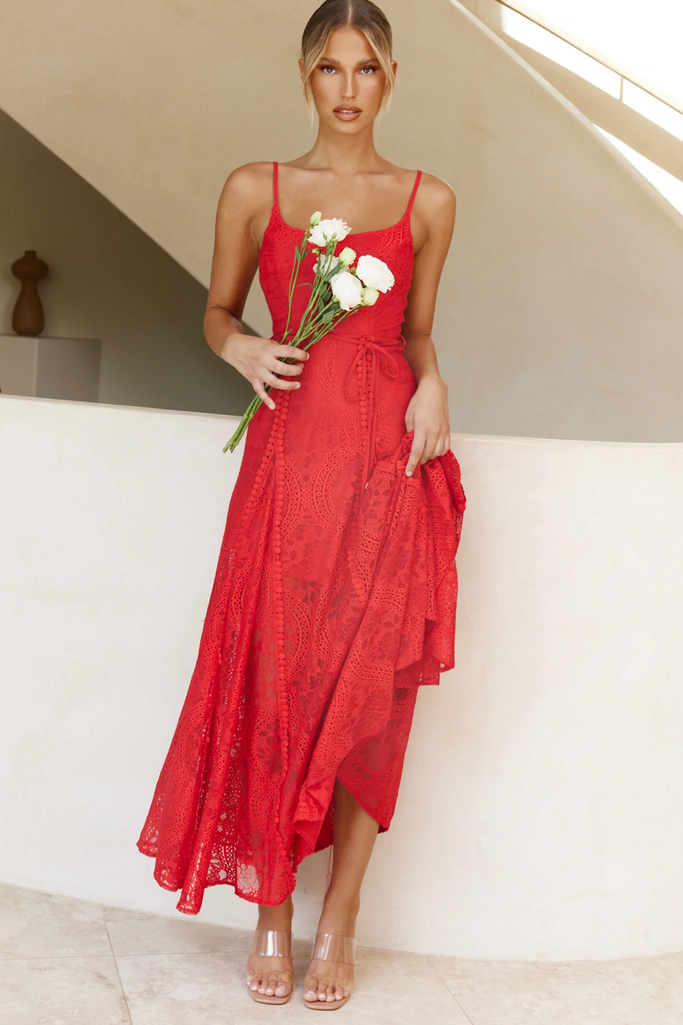 Palm Springs Lace Overlay Maxi Dress Red - Sonourner