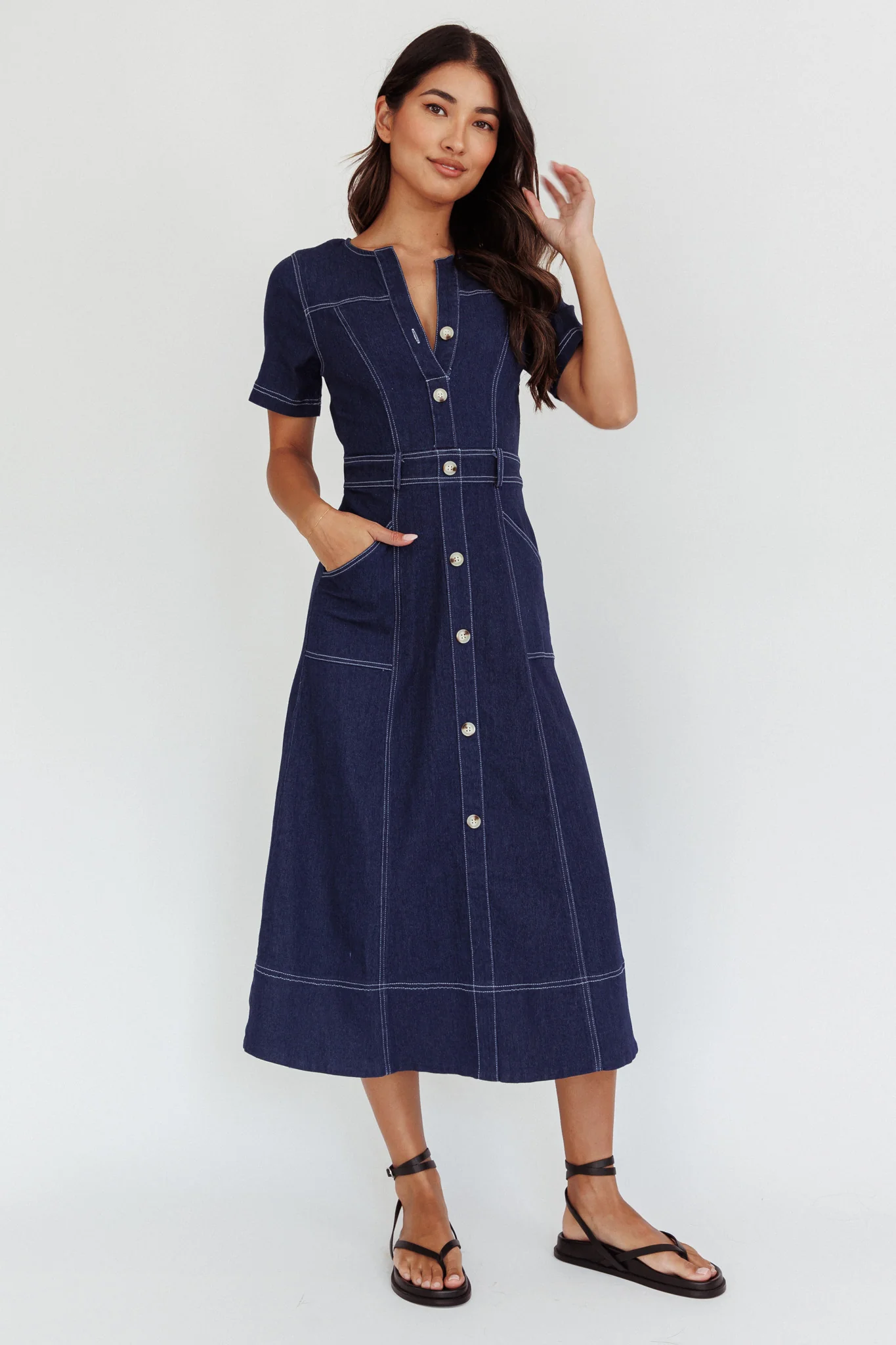 Aspen Love Front Pocket Midi Dress Indigo - Sonourner