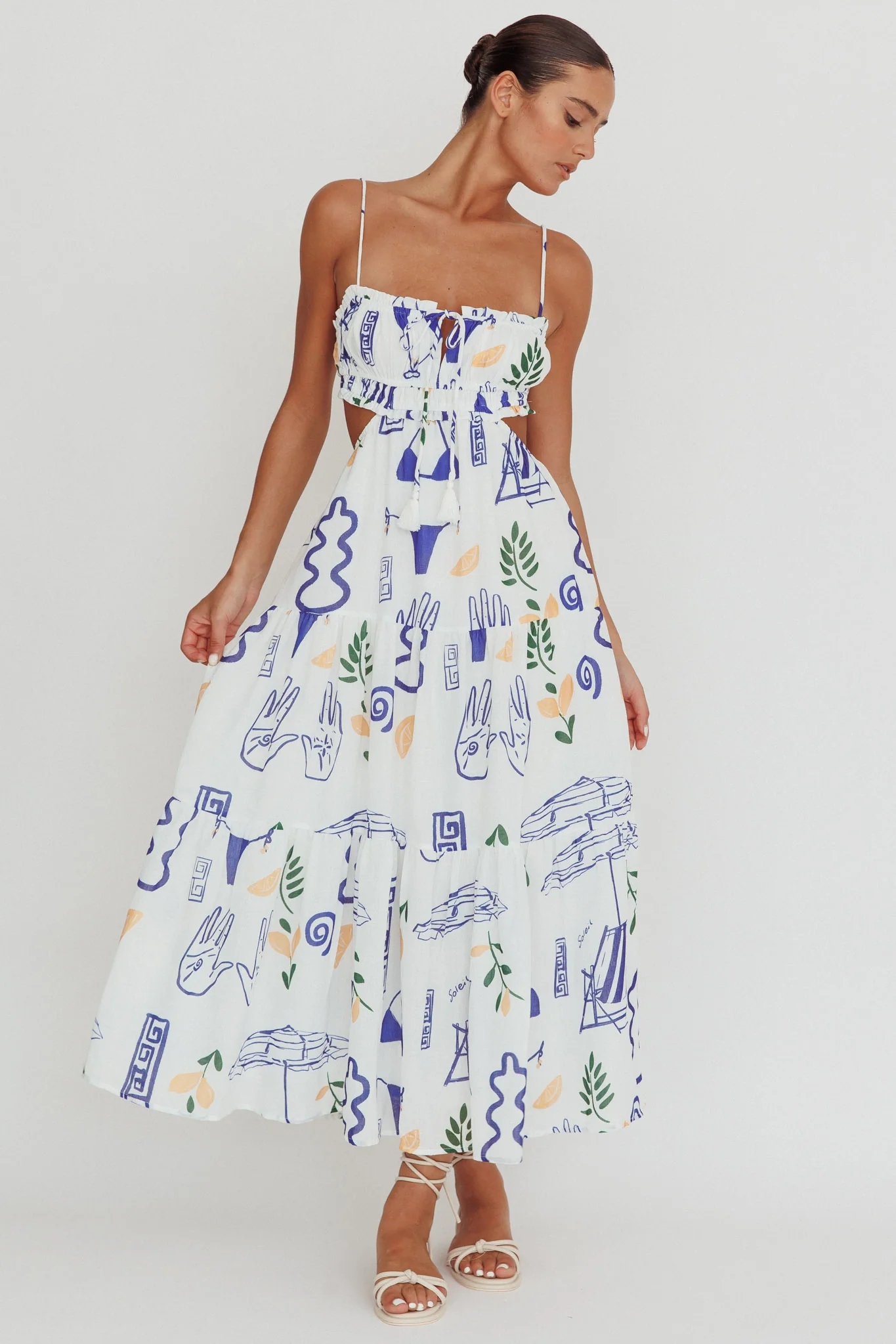 Eyona Cut-Out Back Print Maxi Dress White - Sonourner