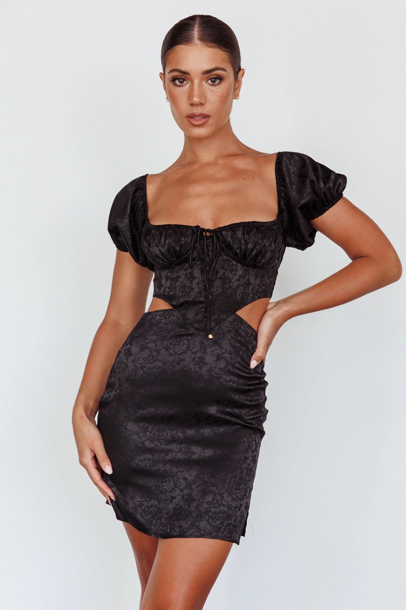 Eryn Puff Sleeve Jacquard Mini Dress Black - Sonourner