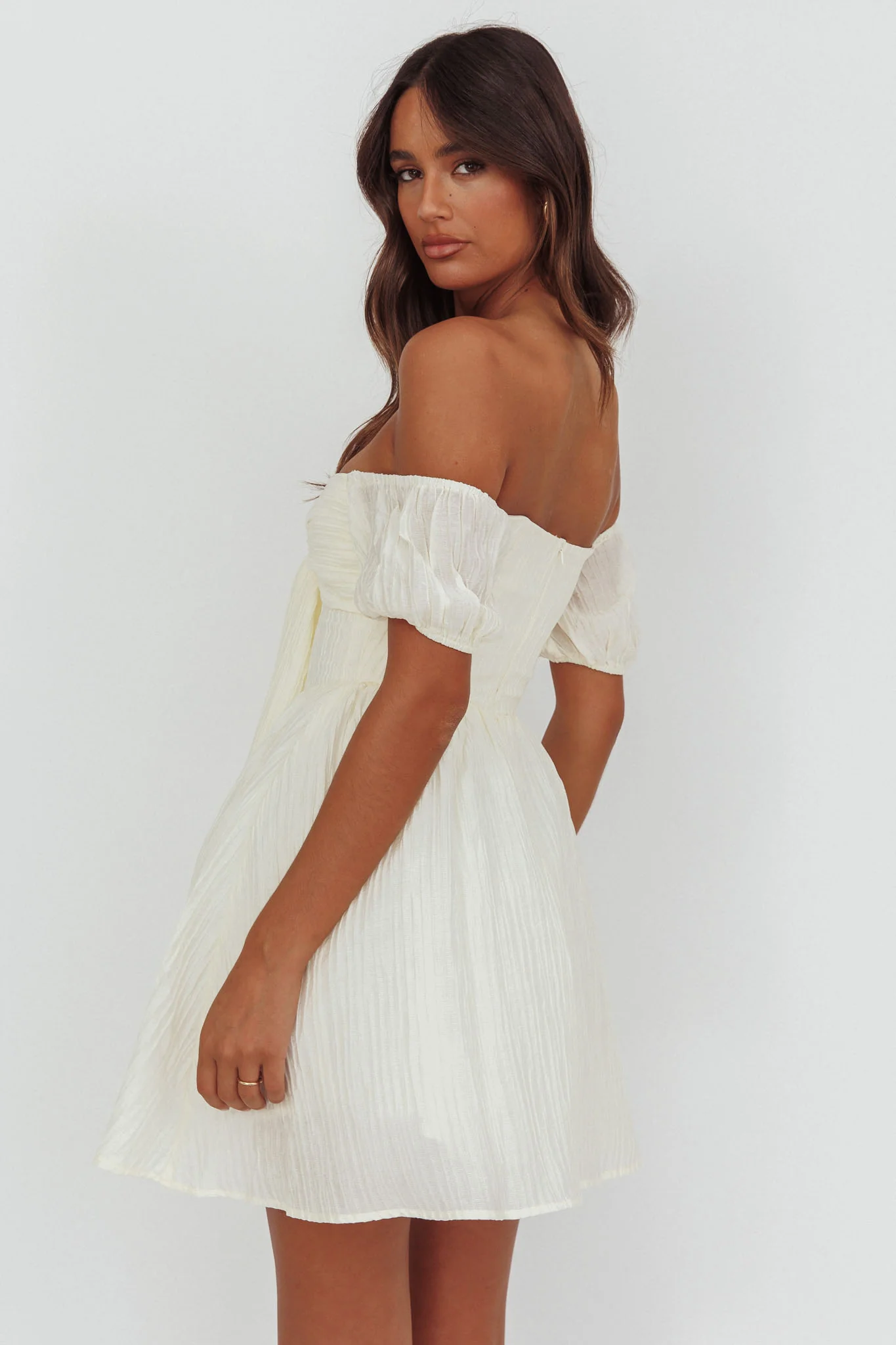 Perfect Worlds Off-Shoulder Mini Dress Textured Ivory - Sonourner